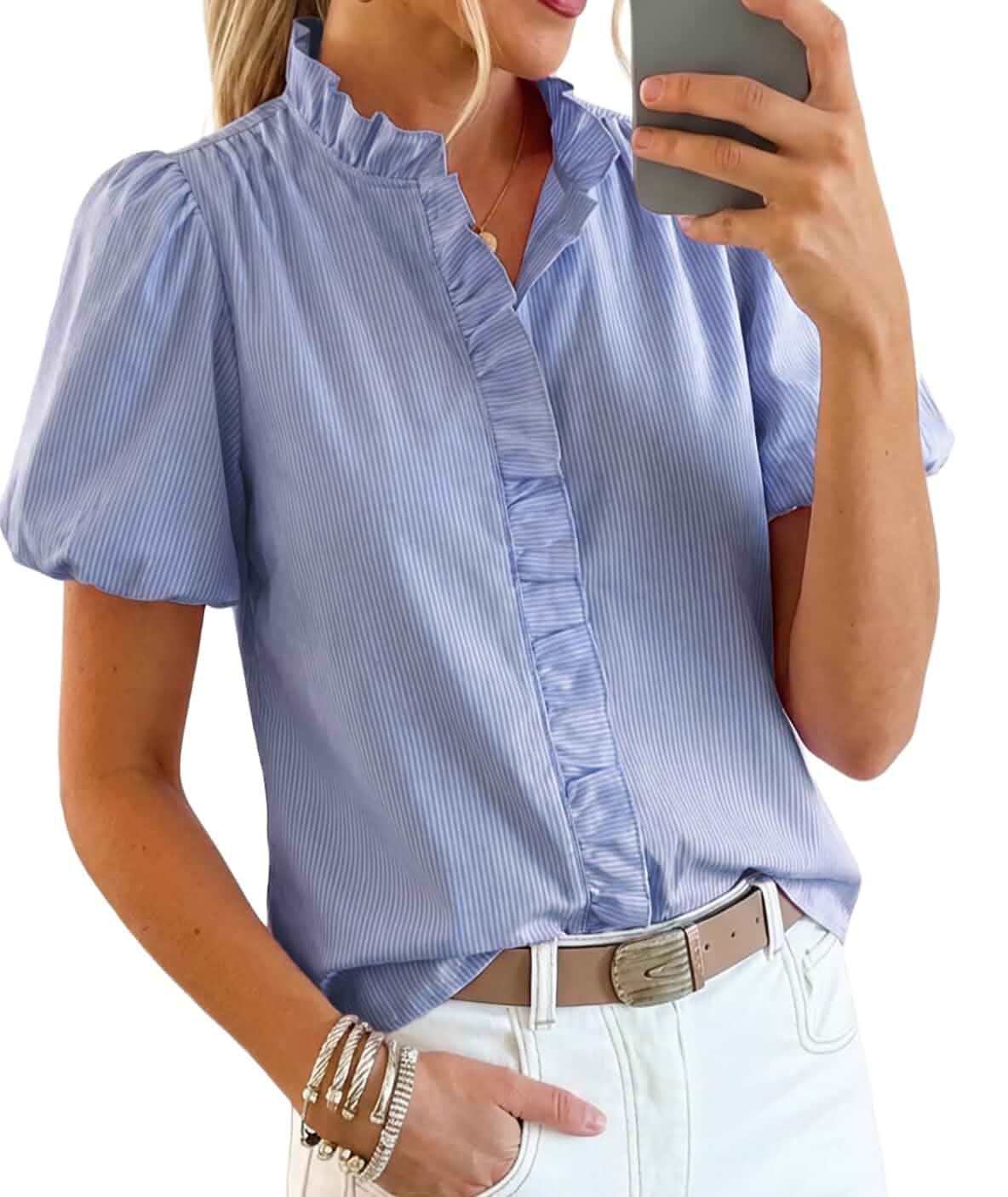 Womens Short Puff Sleeve Button Down Shirts Ruffle Stand Collar Blouse Business casual preppy tops, office gingham shirt, lightweight polka dot shirt, classic striped vacation outfit
