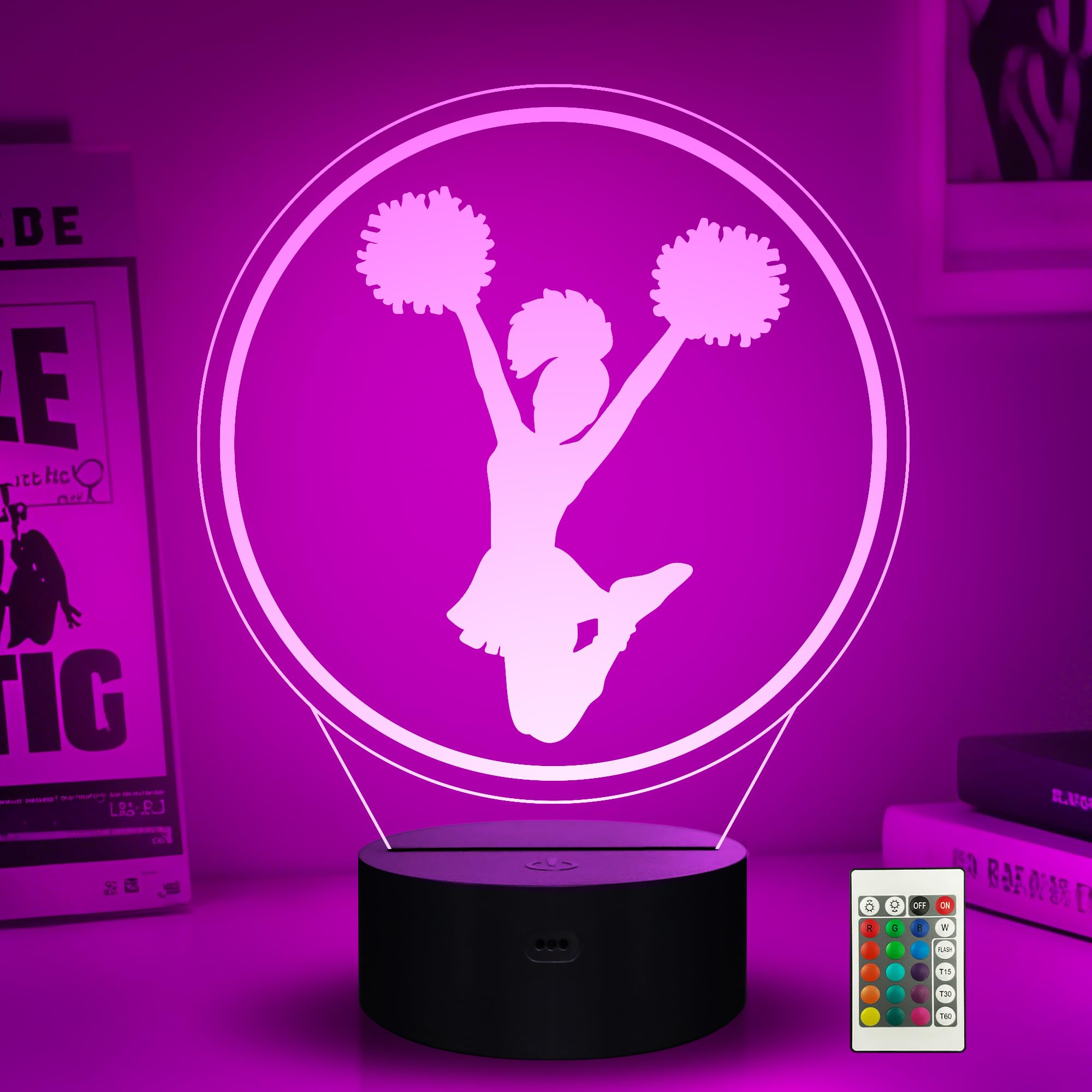 Ammonite Cheerleading Night Light, 3D LED Pom Poms Cheerleading Sports Lamp 16 Color Changing with Remote Control and Timer, Birthday Xmas Gifts for Girls Women