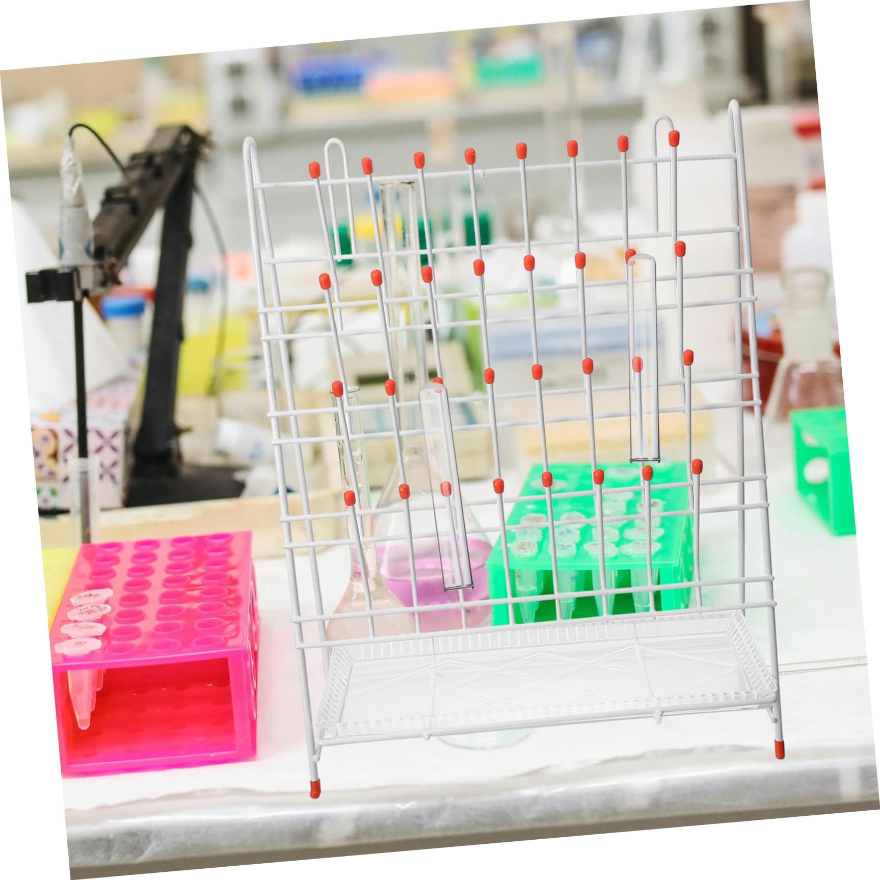 Stendino da Laboratorio in Ferro Bianco 32 Posti per Essiccazione Bottiglie e Provetta, Resistente per Asciugatura in Laboratorio
