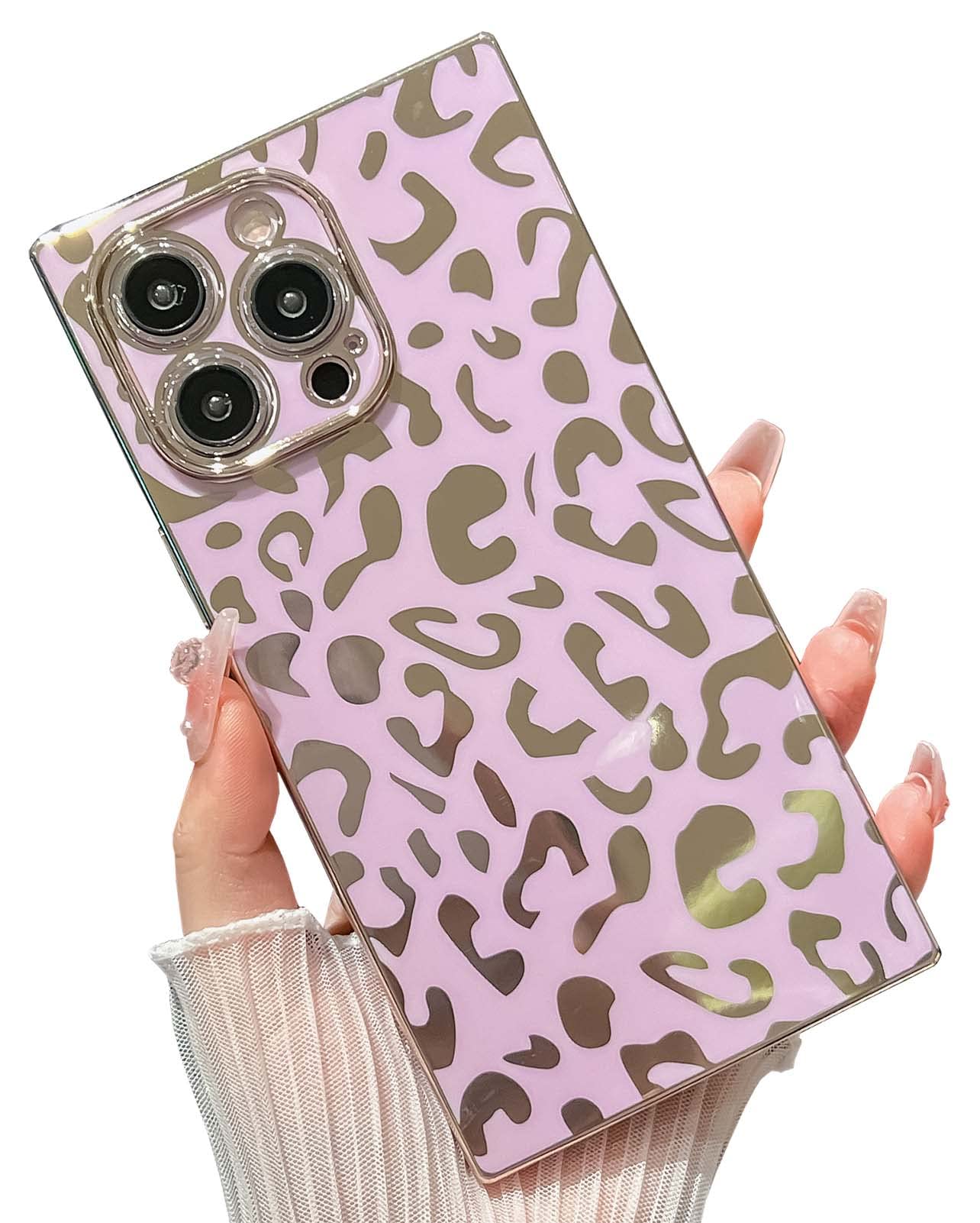 KERZZILElegant Compatible with iPhone 13 Pro Max Rectangle Edge Case, Cute Luxury Leopard Pattern Plating Case Camera Protector Soft TPU Shockproof Protective Corner Back Cover(Purple)