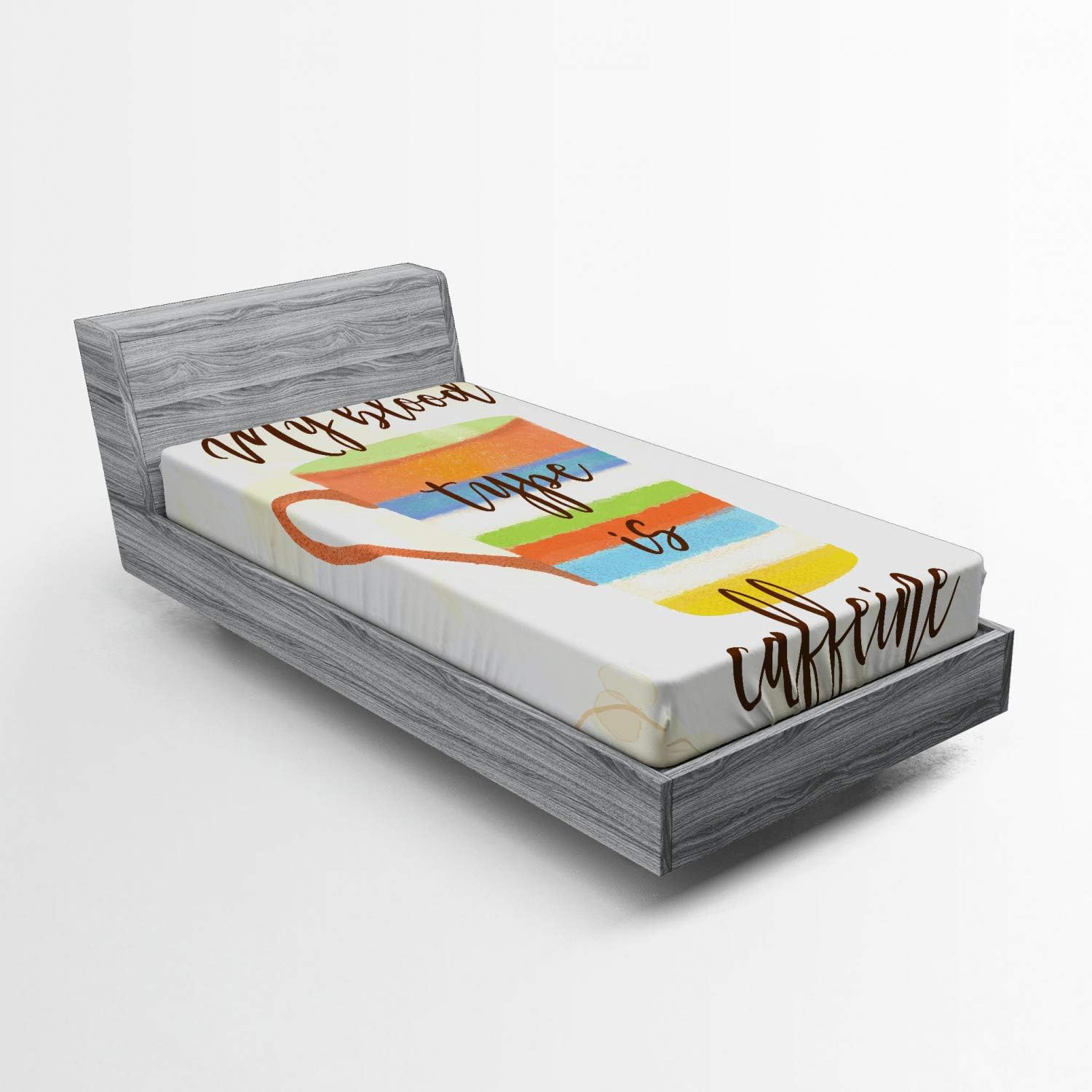 Ambesonne Coffee Fitted Sheet, Writing of My Blood Type is Caffeine Words with Retro Watercolor Coffee Mug, Bed Cover with All-Round Elastic Deep Pocket for Comfort, California King, Multicolor