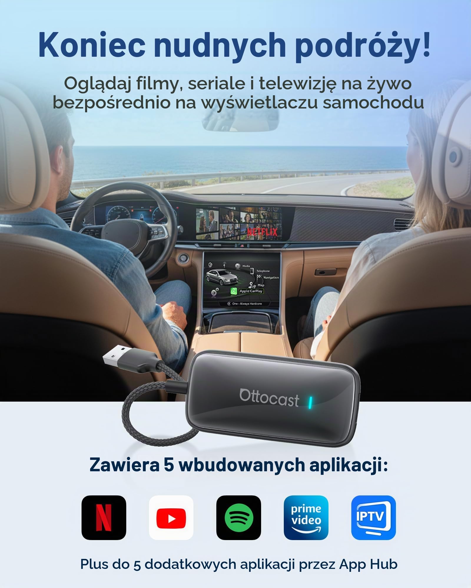 OTTOCAST Play2Video Ultra 2026 aktualizacja bezprzewodowego adaptera CarPlay i Android Auto AI Box, Android 12, 4 GB + 32 GB, Bluetooth 5.4, WiFi 5 GHz, strumieniowanie z Netflix YouTube, Amazon Video