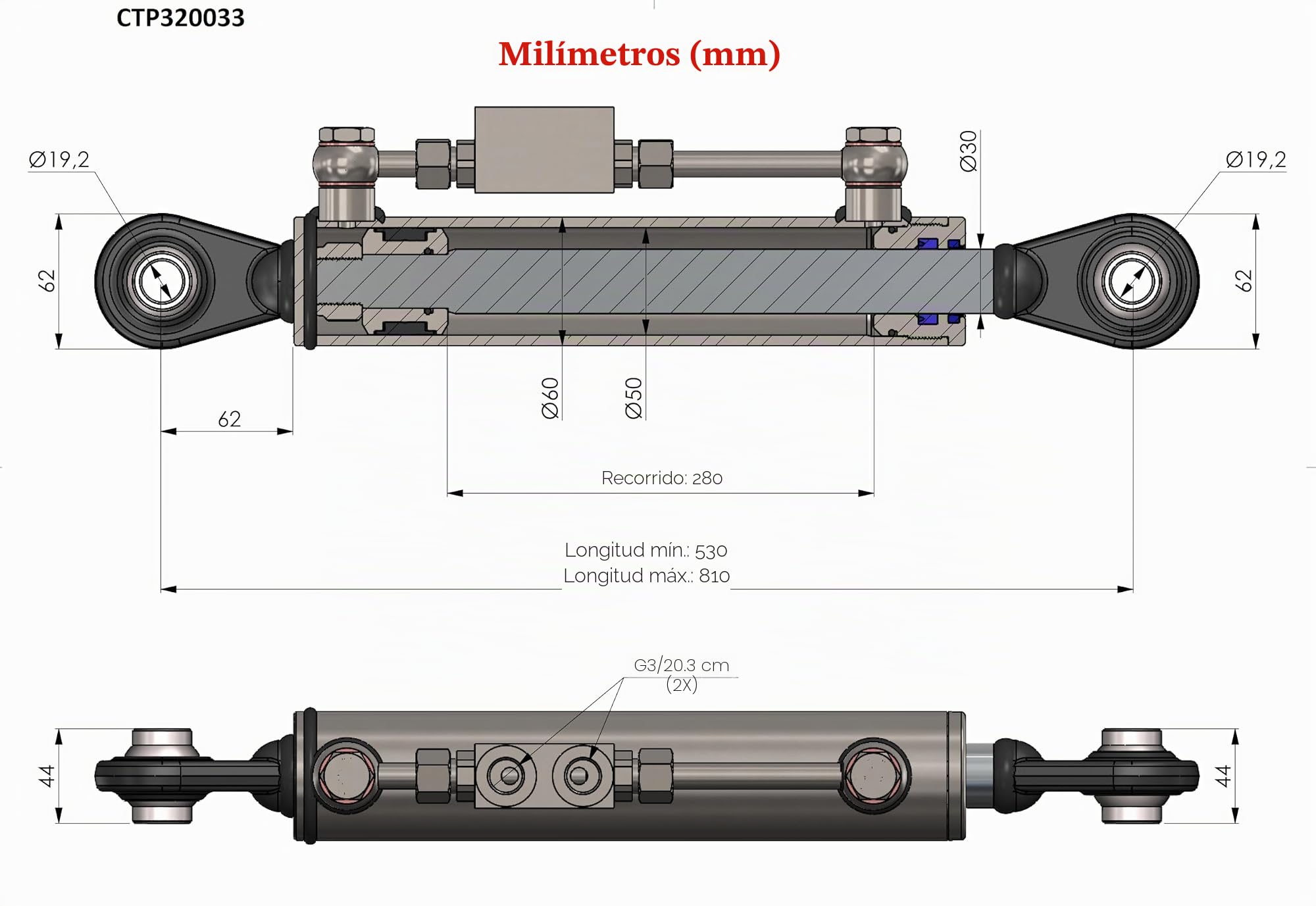 Tercer Punto Hidráulico Cat 1-1 (530 - 810 mm) con Bloque de Bloqueo y 2 Mangueras
