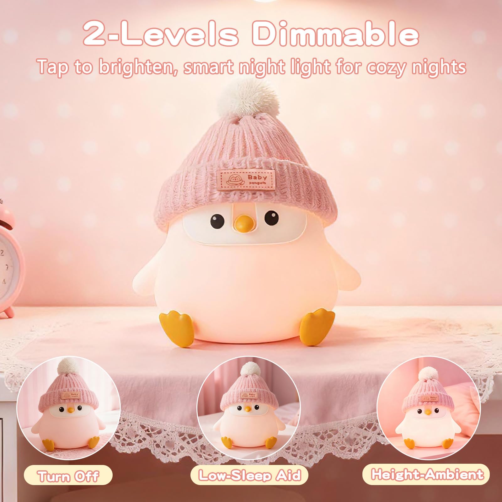FAMIDUO Luce notturna in silicone a forma di pinguino, graziosa lampada a forma di pinguino rosa con cappello lavorato a maglia, luce notturna morbida, ricaricabile tramite USB, dimmerabile, lampada a