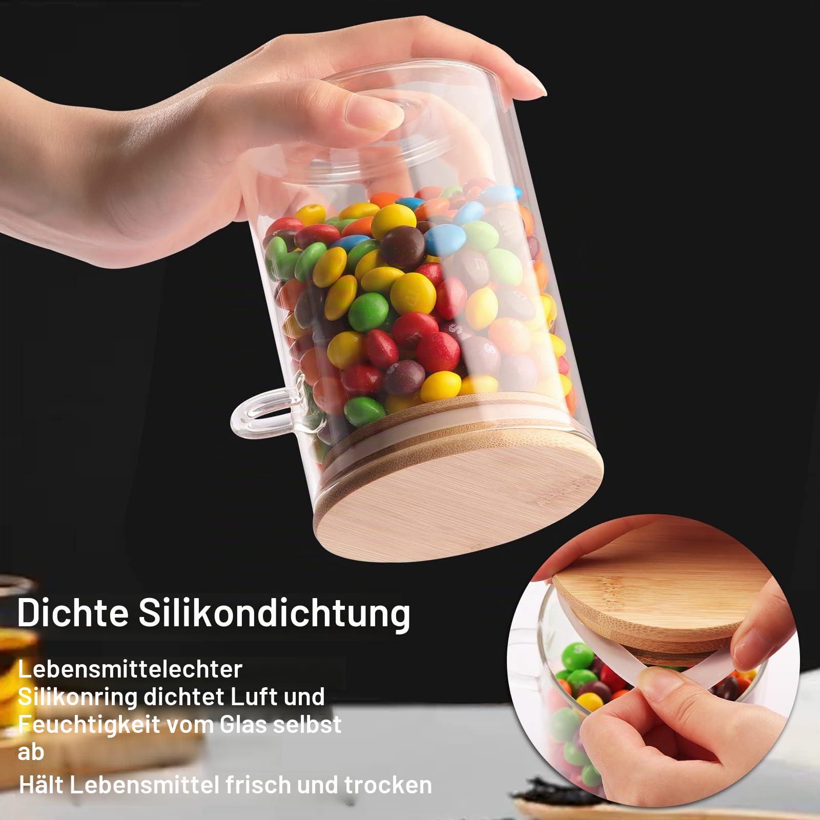 3 Stück Gläser mit luftdichtem Deckel und Löffel, Haferbehälter über Nacht mit Bambusdeckel, Glas-Lebensmittelaufbewahrungsdosen, Süßigkeiten, Salze und mehr (5) 67.0 g/600ml)