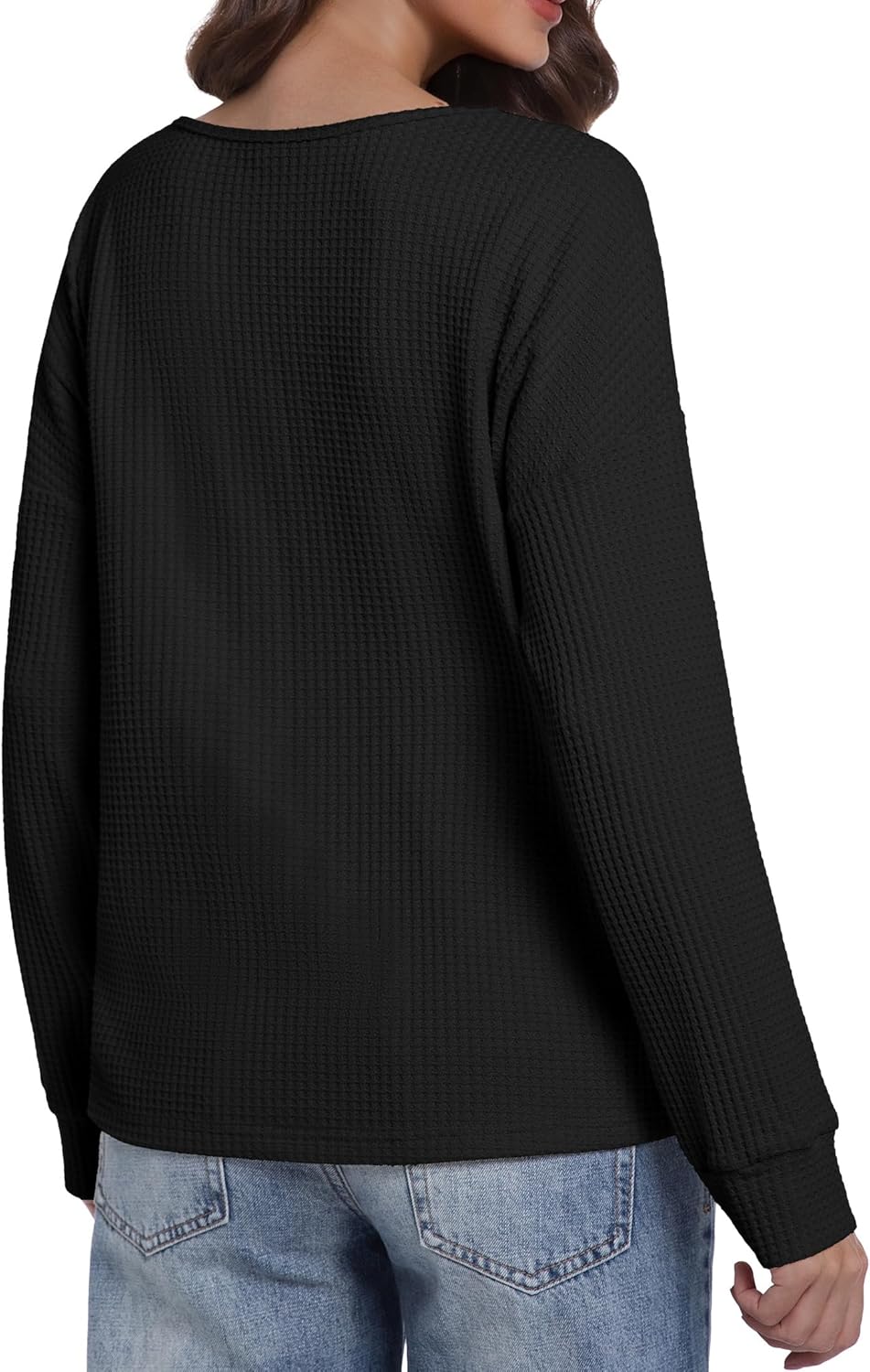 Women's Waffle Knit Tops Fall Loose Long Sleeve V Neck Shirts Dressy Casual Blouse - Image 3