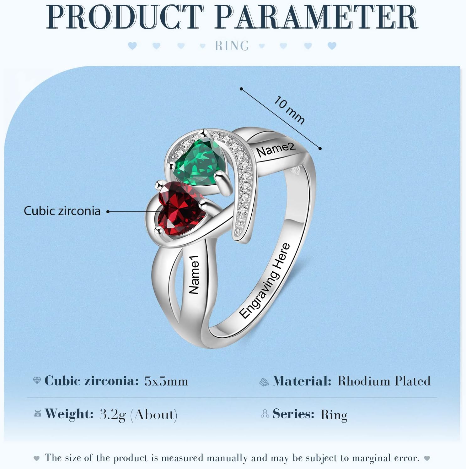 Personalized Promise Rings for Her Love Heart Women Engagement Custom Names Mothers Ring with 2 Simulated Birthstones Jewelry for Women