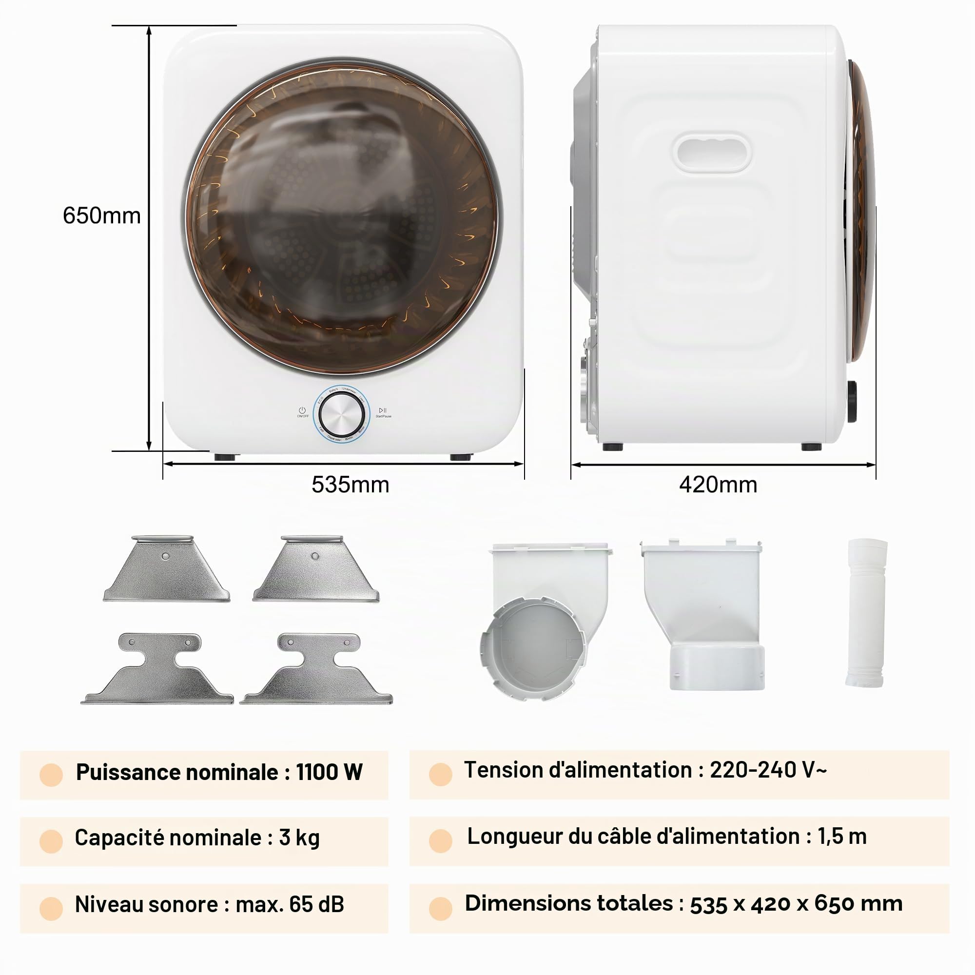 Merax Mini sèche-linge 3kg sèche-linge à évacuation 1350W, sèche-linge à condensation compact avec 8 programmes & capteur NTC, 65dB silencieux, montage mural possible, double filtre, 53,5×42×65cm