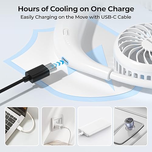 Miniatura 7 de Ventilador de cuello de 2600mAh con banda para el cuello, de 6 velocidades, manos libres, para casa, oficina, viajes al aire libre (blanco)