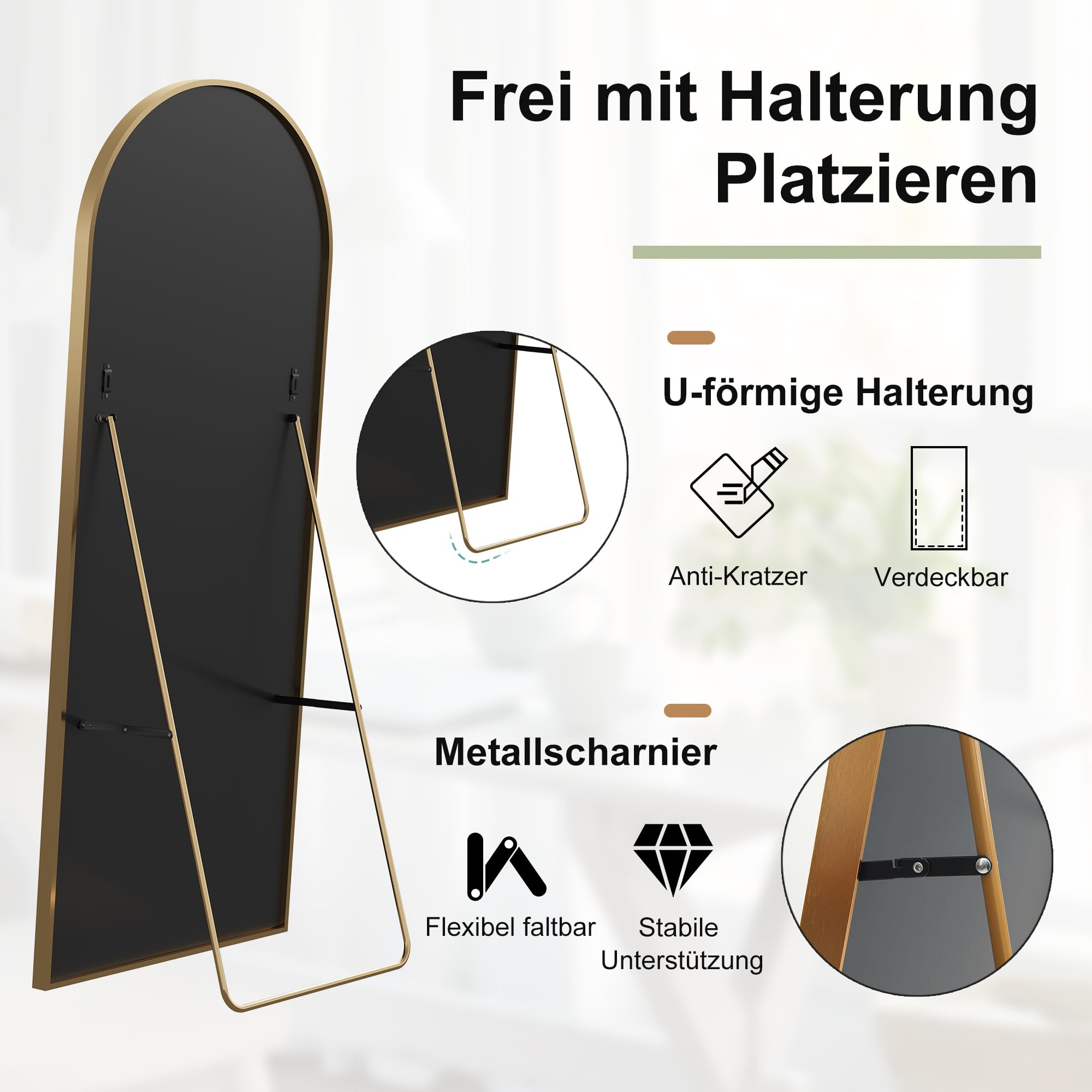 Ganzkörperspiegel, 177x 77cm Gewölbter Standspiegel Groß in Voller Länge, Wandspiegel mit Aluminiumlegierung Rahmen und Bruchsichere Glas, Bodenspiegel für Wohnzimmer, Ankleide, Gold