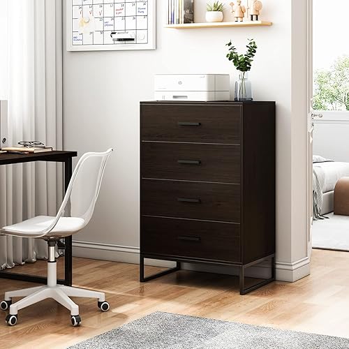 Reyade Cómoda para dormitorio con 4 cajones, cómoda de madera, cómoda alta con marco de metal resistente para guardería, pasillo, sala de estar,
