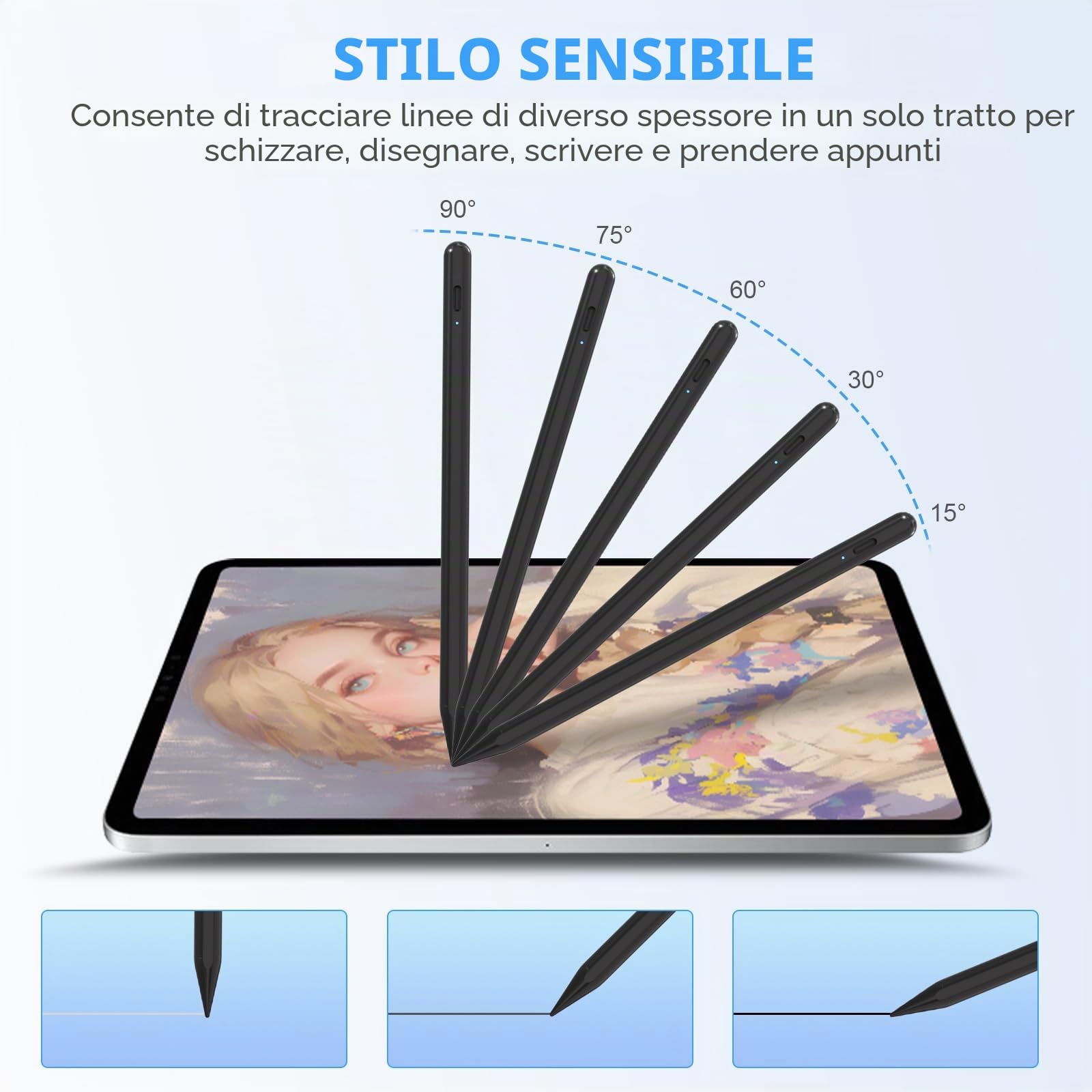 BQSS Penna iPad Compatibile 2018-2025, Rigetto Palmo Inclinazione, Pennino Capacitivo iPad Pro 12.9/11/13 M4 Air 5/4/3/11 M2 Mini 6/5 10/9/8/7/6 Nero