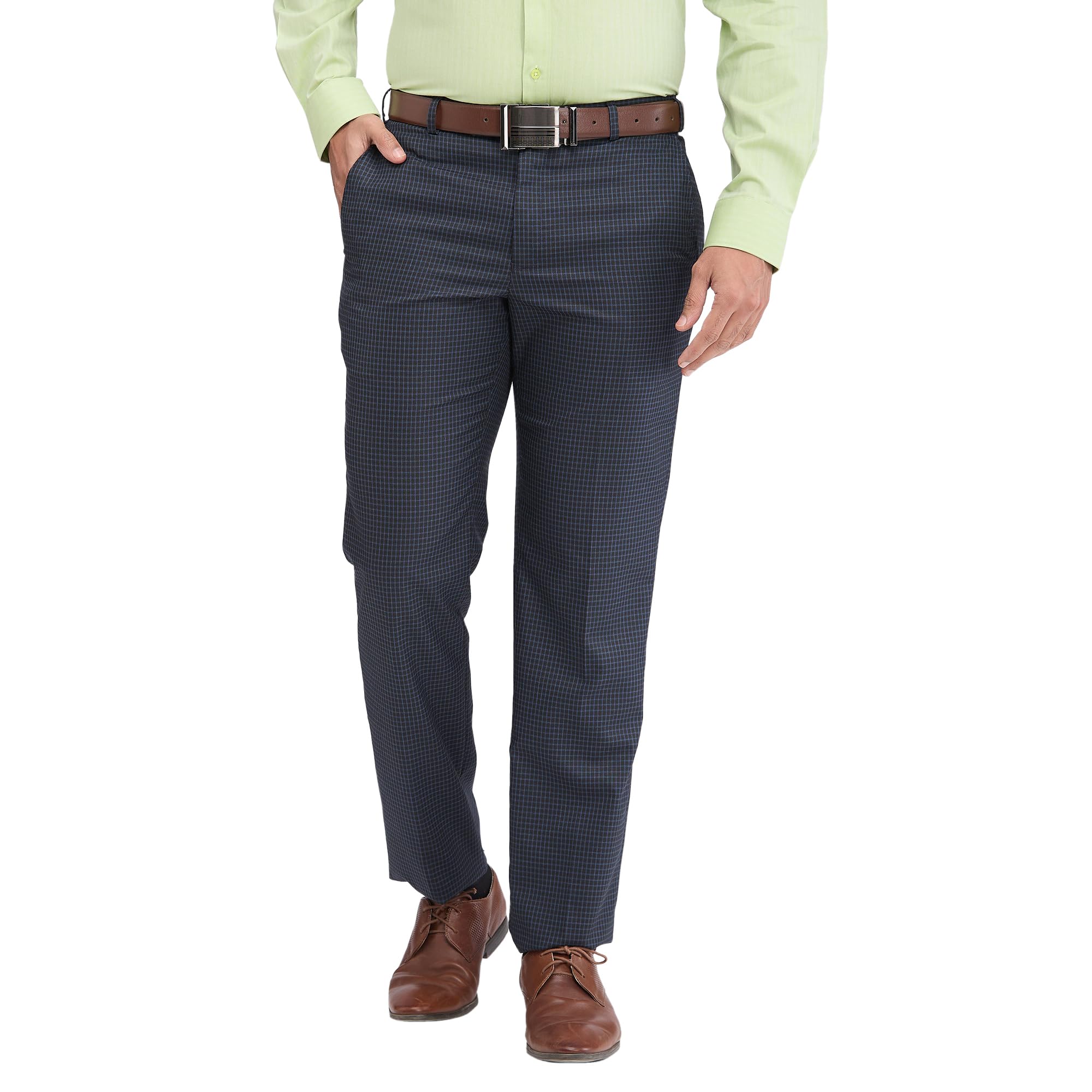 Men's Regular Fit Mid Rise Checks Pattern Poly Viscose Blend Flat Front Formal Trouser