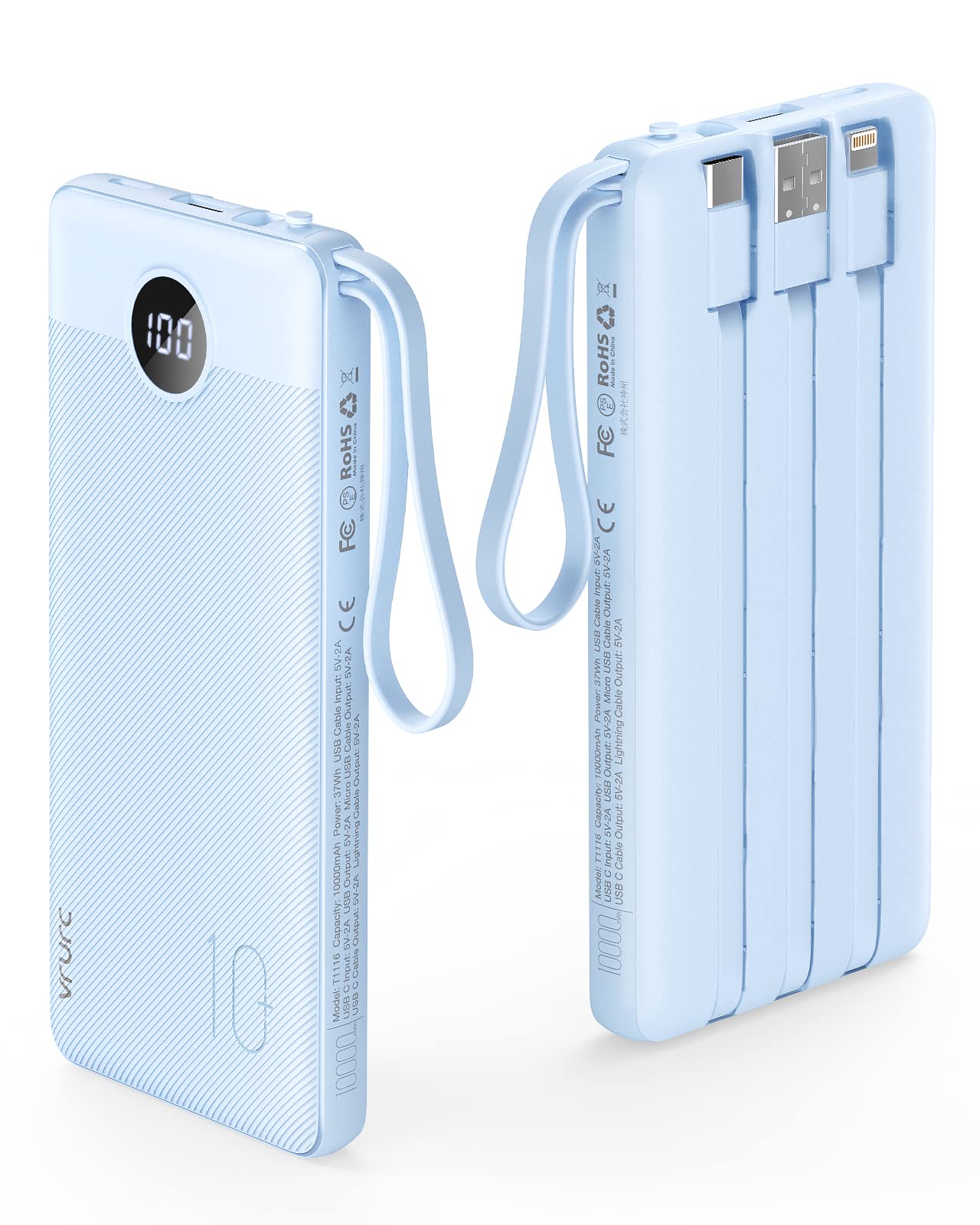 VRURC Power Bank mit 4 Kabel 10000mAh Powerbank Tragbares Ladegerät USB C Externer Handyakkus LED Display mit 5 Ausgängen 2 Eingänge Kompatibel mit iPhone/Huawei/Samsung Smartphone Android usw