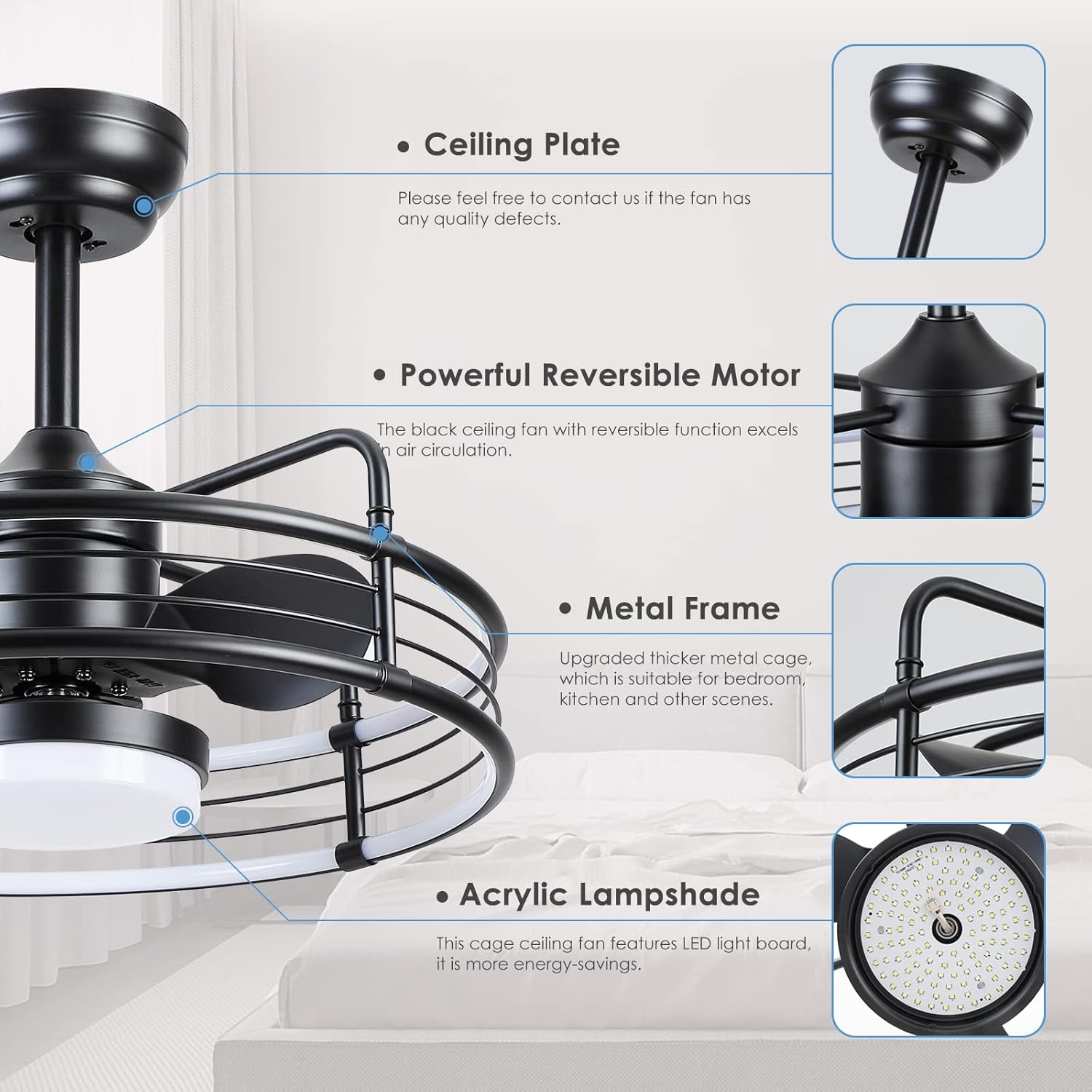 Exploded view of the ceiling fan components including ceiling plate, reversible motor, metal frame, and acrylic lampshade.