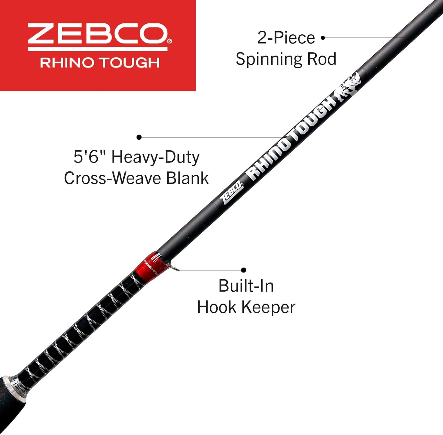 Zebco Rhino Tough Spinning Fishing Rod, 5-Foot 6-Inch 2-Piece Heavy-Duty Cross-Weave Fishing Pole, EVA Rod Handle, Heavy-Duty Guides, Stainless Steel D-Frame Tip Guide, Medium-Light Power, Black : Everything Else