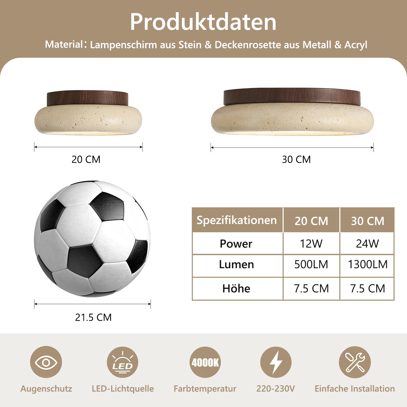 LED Deckenleuchte Im Wabi Sabi Stil Naturstein 30 cm Rund Deckenlampe 24W