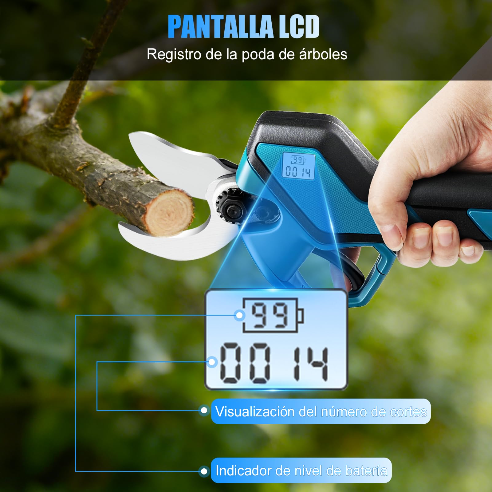 Tijeras de Podar Eléctricas con Baterías, Tijeras de Podar Bateria Con pantalla, 2 baterías de 1500mAh, diámetro de corte máximo de 30 mm, Para Huertos, Jardines y Granjas