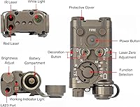Vista 3 de Airsoft - Vista láser táctica PEQ de metal con interruptor de presión doble LA23, 8 modos con luz roja/verde+IR+blanca con ajuste de brillo, apto