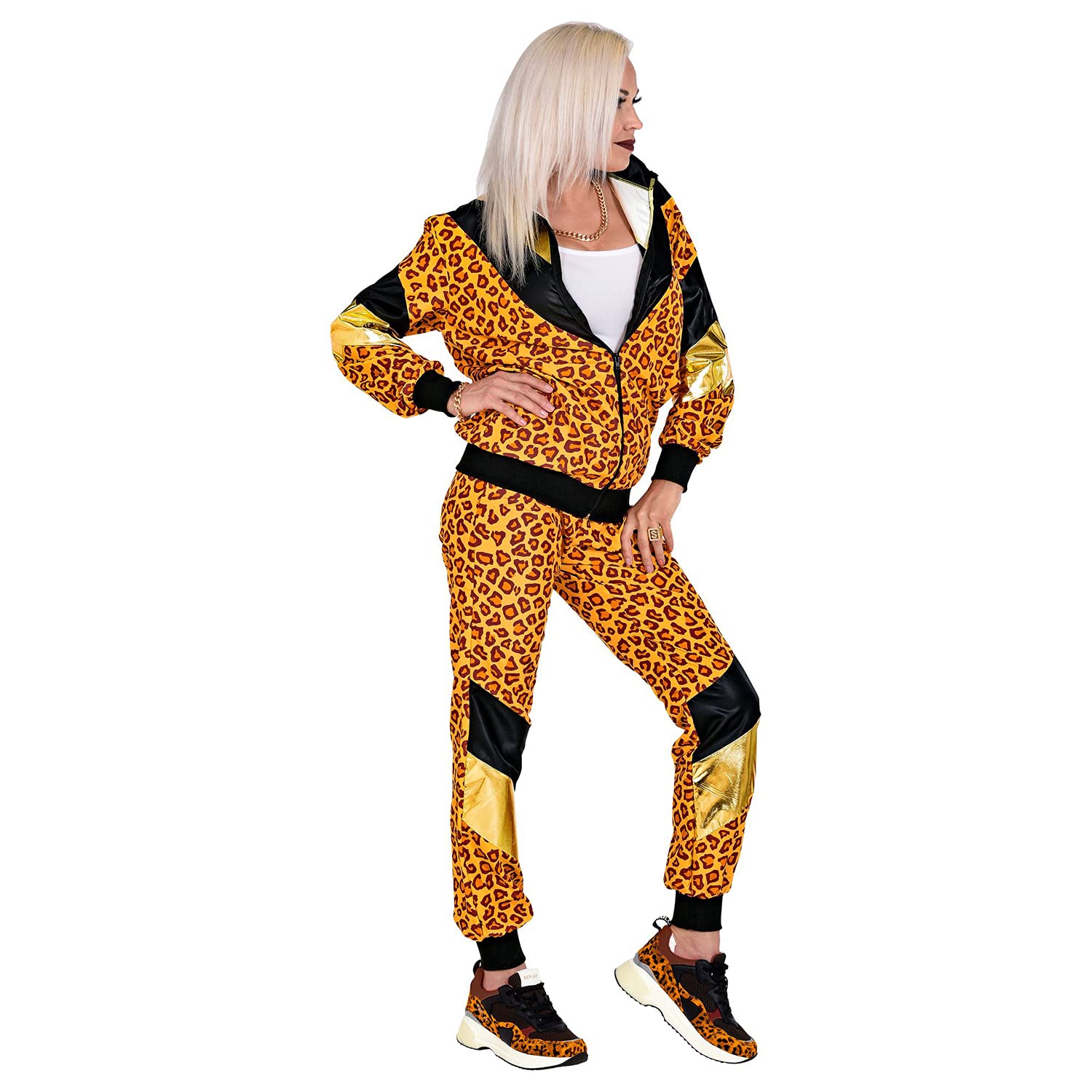 W WIDMANN MILANO Party Fashion - Kostuum jaren 80 trainingspak, luipaard, jas en broek, dierenprint, feestdier, joggingpak, retrostijl, badknoop-party, carnaval