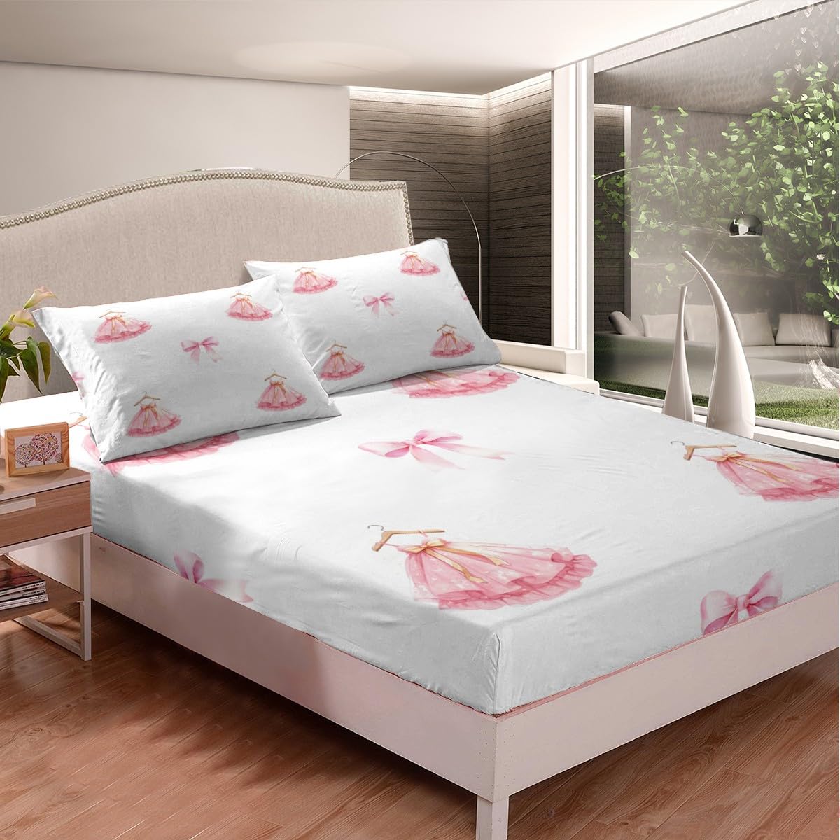 jejeloiu Pink Bow Bedding Set Twin Size Ballet Skirt Fitted Sheet for Boys Girls Children Ballerinas Cute Bowknot Dreamy Princess Bed Sheets Set Room Decor Breathable Soft Microfiber All Season 2Pcs