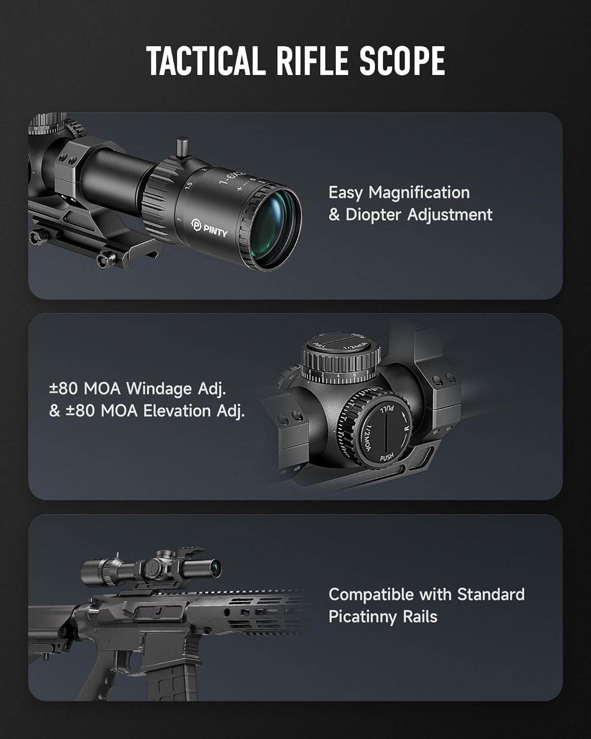 PINTY FFP LPVO Rifle Scope 1-6x/1-8x/1-10x with Red & Green Illuminated Reticle, Self-Locking Turrets & Cantilever Mount for Picatinny Rail