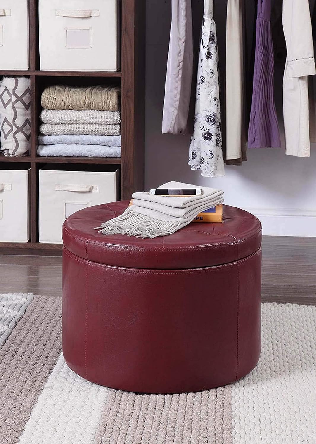 Convenience Concepts Designs4Comfort Round Shoe Ottoman, Burgundy