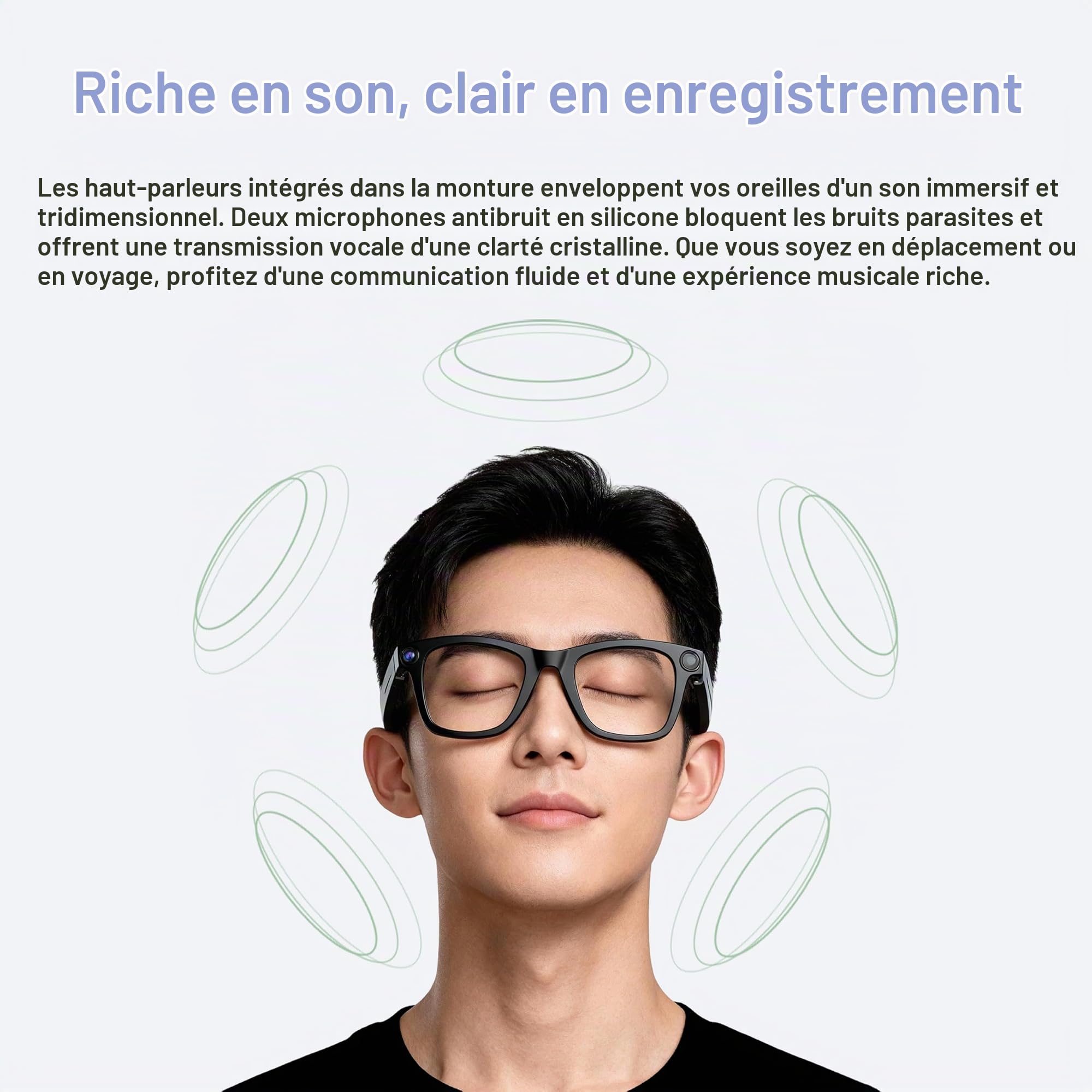 G300 Lunettes AI 8MP 1080P 32GB Traduction HiFi Verres solaires | Traduction Multilingue en Temps Réel, Double Haut-parleurs HIFI, Verres Solaires & Anti-Lumière Bleue