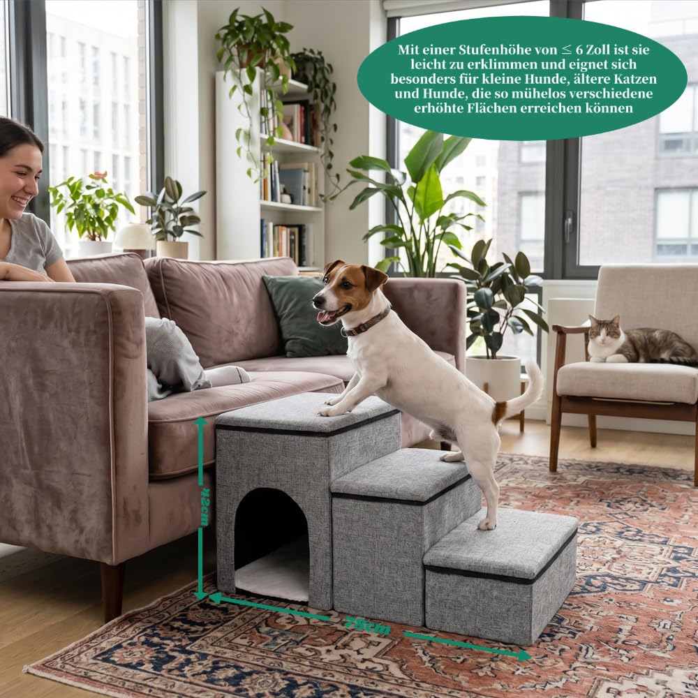 Hundetreppe für Kleine Hunde mit Stauraum und Katzenöffnung, Breite Dog Stairs Faltbare mit Rutschfestem Boden für Bett und Couch, Hundetreppe Kleine Hunde 3 Stufen (Grau)