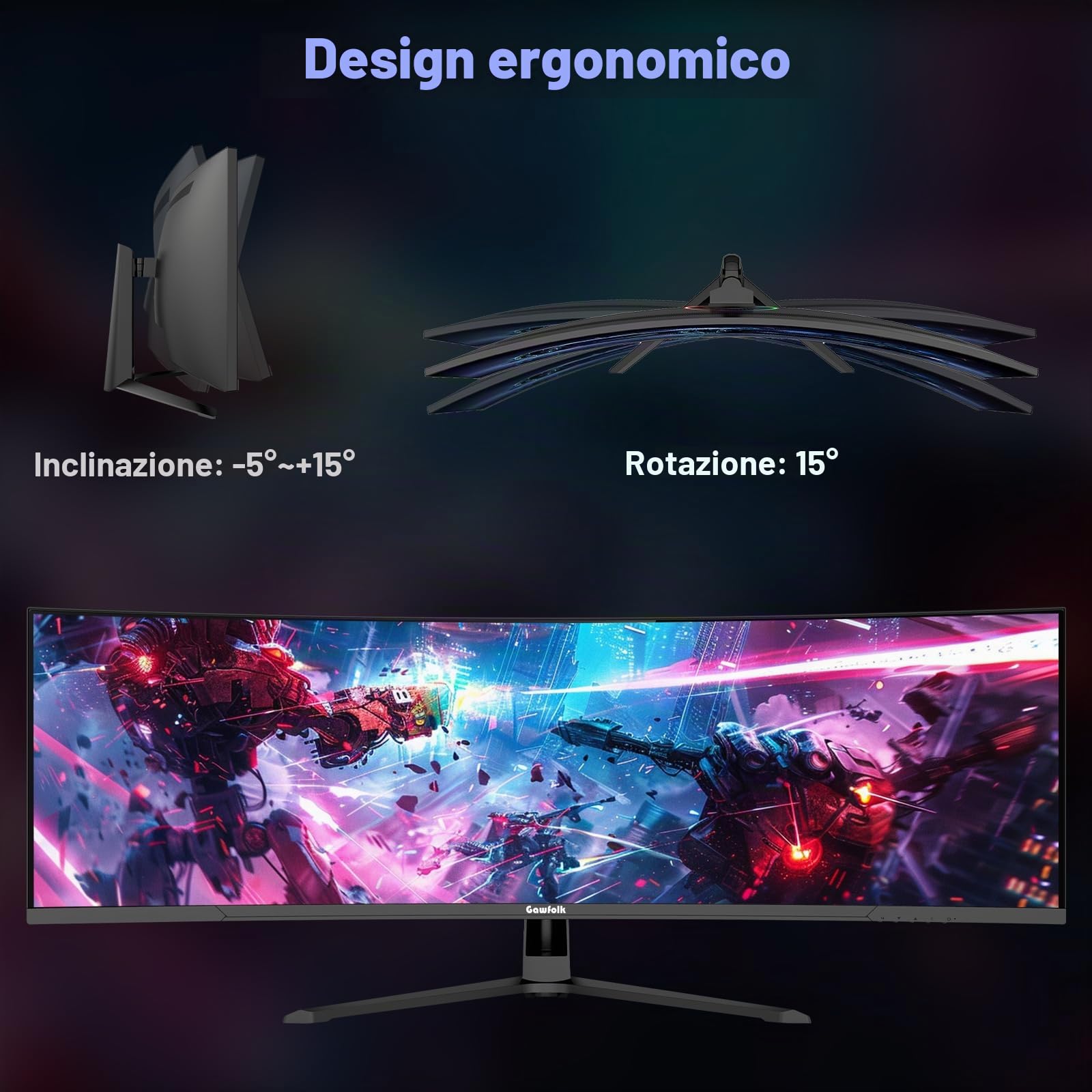 Gawfolk Monitor Curvo 44.5" UltraWide Gaming Monitor DQHD 5120x1440, 200Hz,1500R, FreeSync, VA, 2x DP 1.4, 2x HDMI 2.1, PBP/PIP