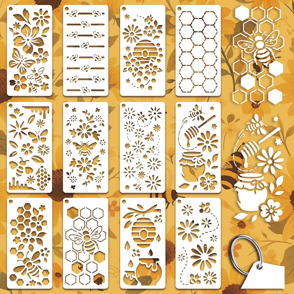 GOMAKERER 12 Sheets Bee Theam Stencils for Painting, 12 Styles Bees Beehive Honey Pot Flower Drawing Template Plastic Art Templates for Painting on Wall Wood Home Decor โ image 1