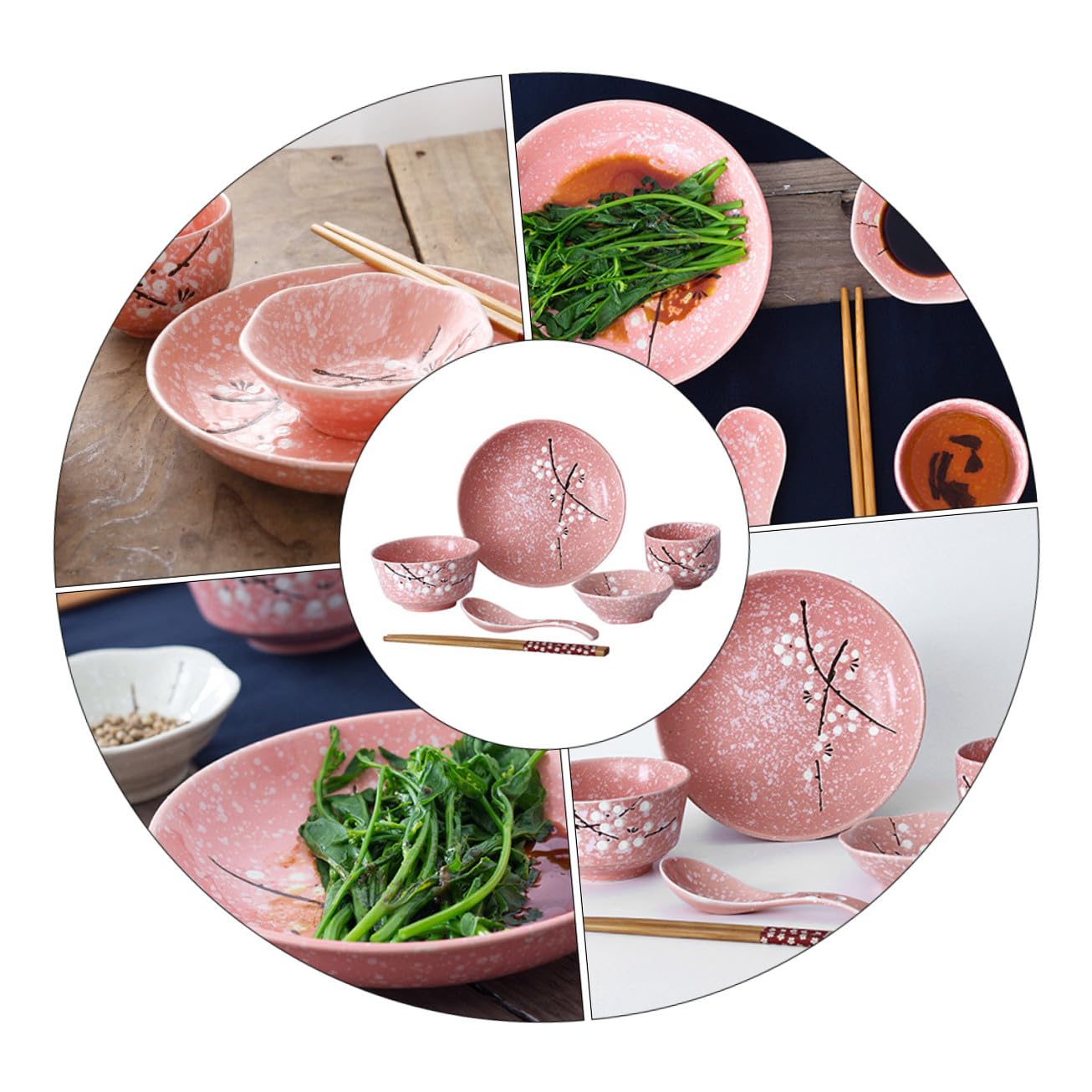 Vajilla Japonesa Rosa Elegante y Práctico para Servir Arroz Postres y Ensaladas Incluye Cuencos Platos Cucharas Palillos y Tazas para Uso Diario y Regalo de Inauguración de Casa