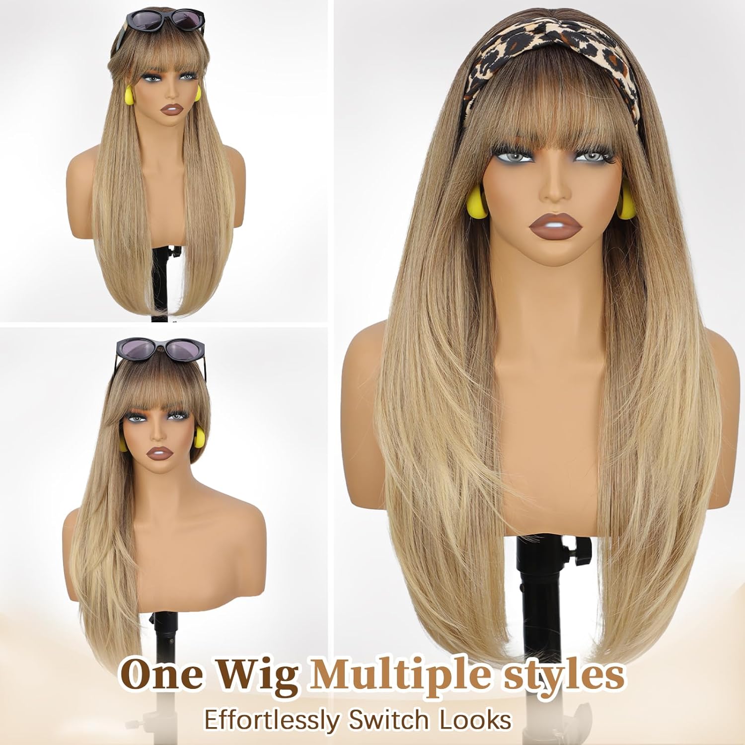 XIXIBI Blonde Wig with Bangs, 4x4 Realistic Scalp, Free Parting, Long Ombre Blonde Layered Wigs for Women, Realistic Natural Looking Heat Resistant Synthetic Wigs for Daily Party Cosplay Use 26Inch