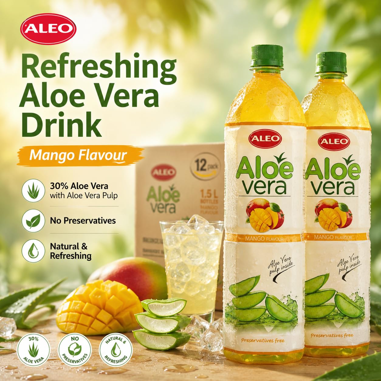 ALEO 1.5L Premium Mango Aloe Vera Drink - Natural, No Preservatives, No Artificial Colors Superior Taste Award 2025