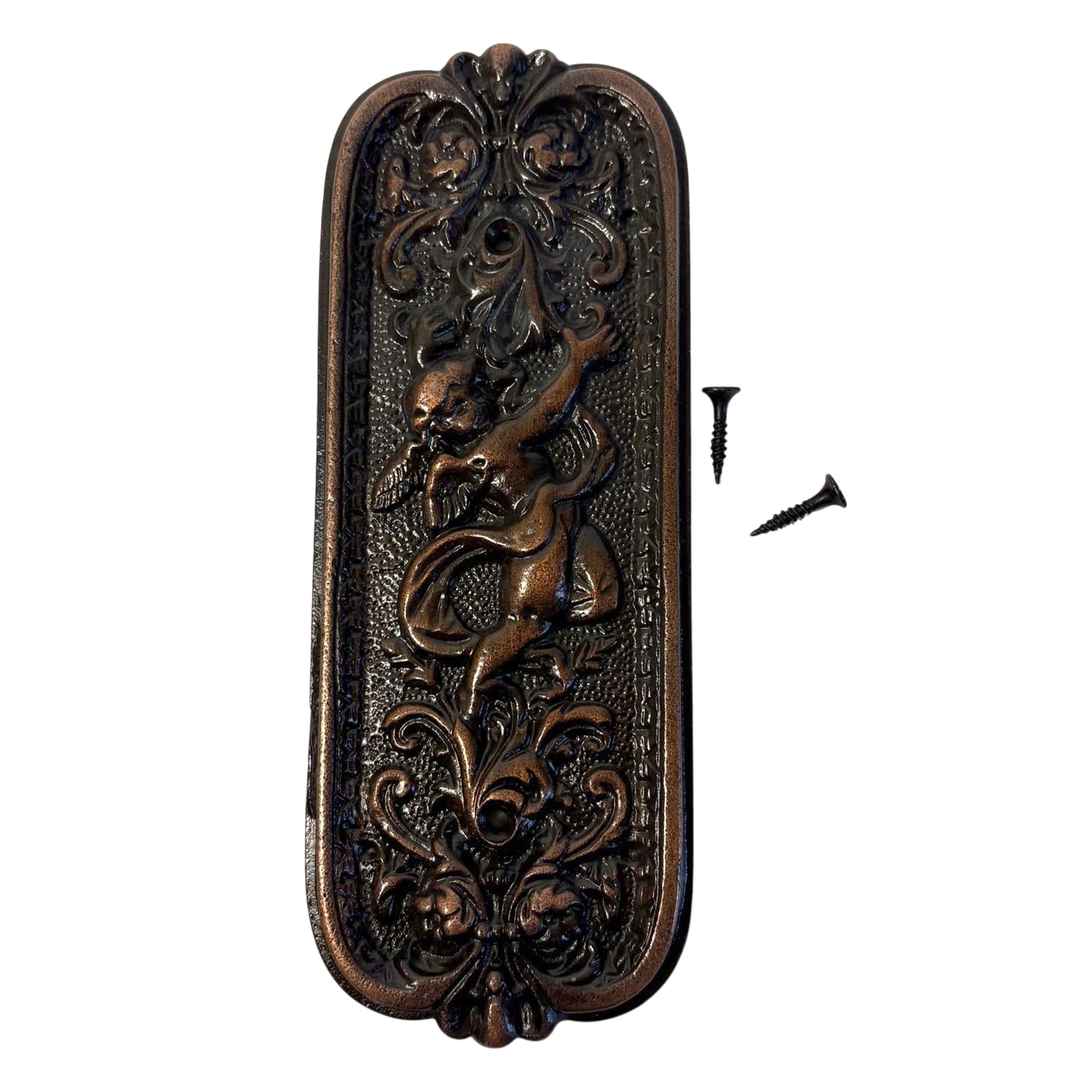 Thorness Antique Copper Antique Rustic Copper Door Push Plate With Ornate Cherub Design - Vintage Finger Plate Decor