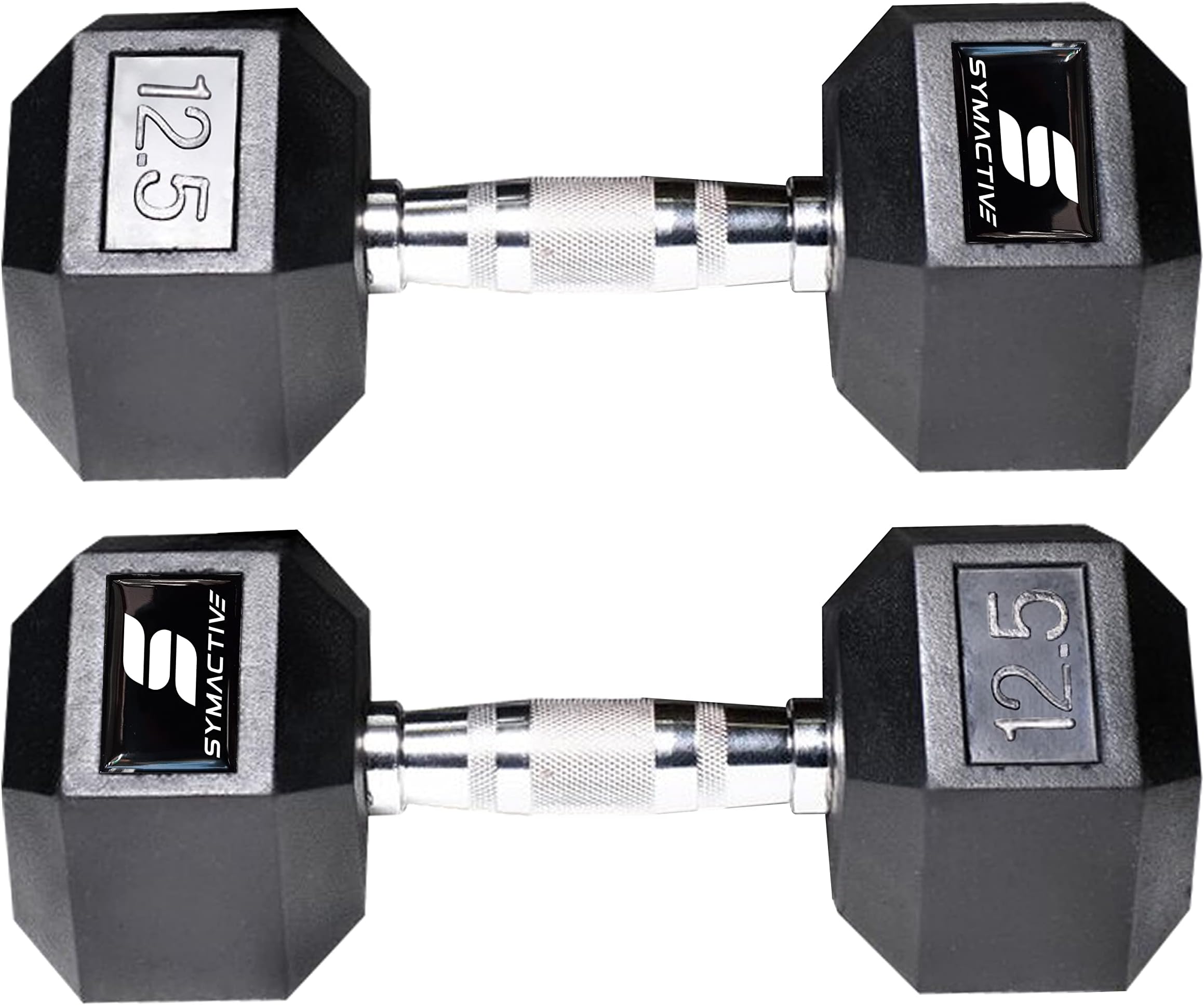 Amazon Brand - Symactive Rubber Coated Hex Dumbbells, Set of 2, 12.5 Kg, Silver;Black