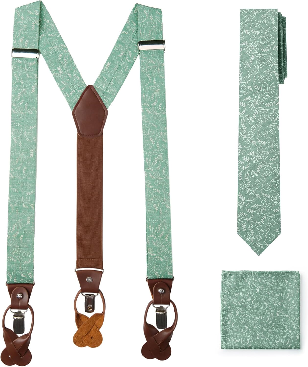 Jacob Alexander Men's Floral Cotton Suspenders Slim Neck Tie and Pocket Square Set