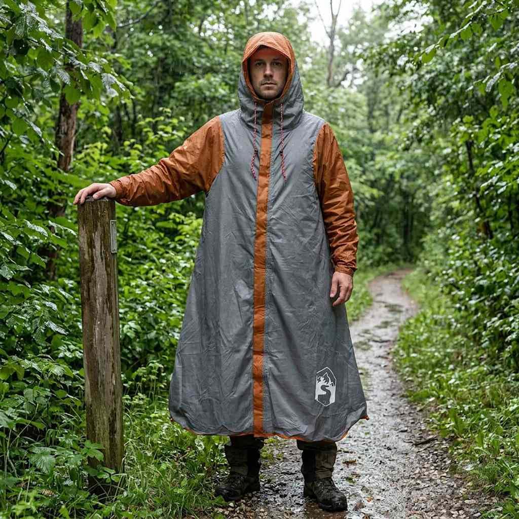 2-in-1 Regenponcho mit Kapuze Grau und Orange aus 185T Polyester PU-beschichtet 262x126 cm, wasserdicht, leicht, mit Tragetasche, Camping, Wandern, Outdoor, UV-Schutz