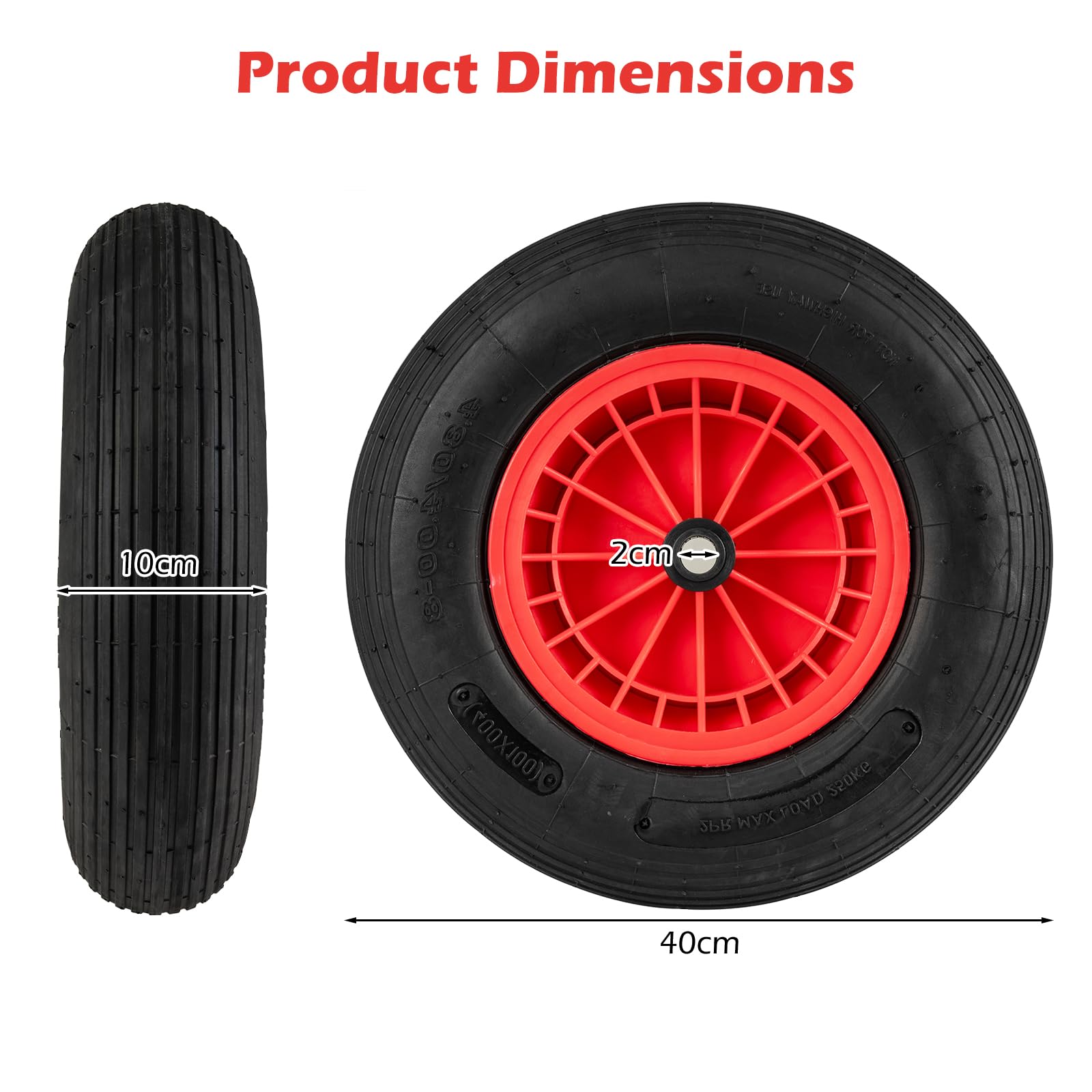 SOARS Ruota Pneumatica per Carrello Carriola, Dimensioni 4.80/4.00-8, 250KG Max, Diametro 40 CM, Asse Ø20 MM, Larghezza 10 CM, Cuscinetto a Rullini Robusto - Nero+Rosso (2)