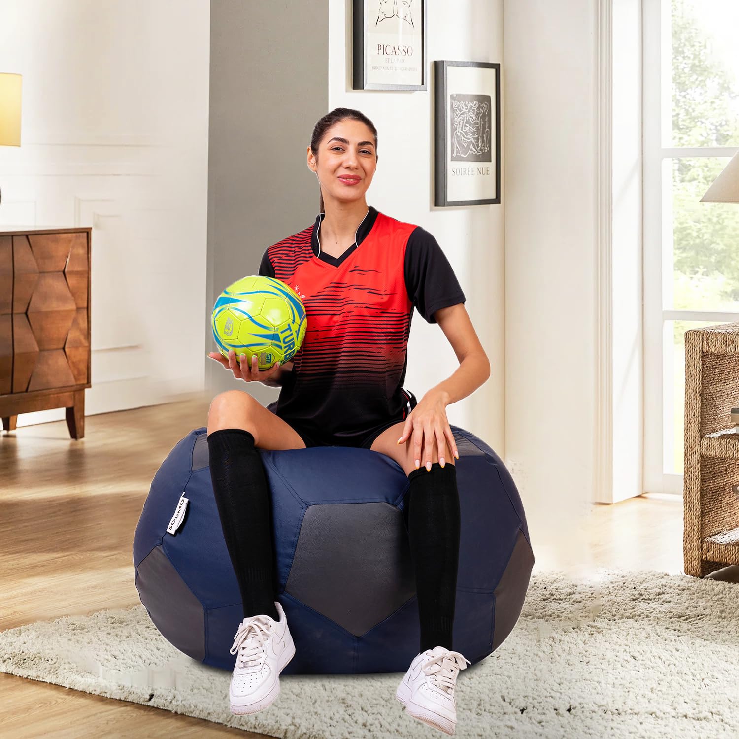 Amazon Brand - Solimo Football XXXL Faux Leather Bean Bag Filled With Beans (Navy Blue & Grey)-image-27