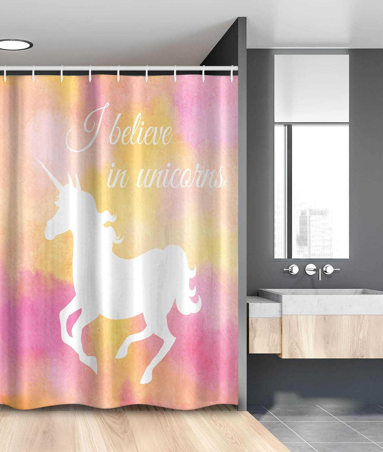 Ambesonne Unicorn Shower Curtain, Silhouette of Unicorn Blurry Purity and Grace Believe in Unicorns Sign Image, Cloth Fabric Bathroom Decor Set with Hooks, 69" W x 84" L, Pink Yellow