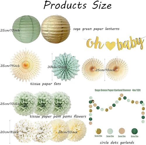 Miniatura 6 de Decoraciones de baby shower verde salvia Oh Baby Banner de papel de seda, pompones de flores, abanicos de papel, guirnalda de puntos circulares,