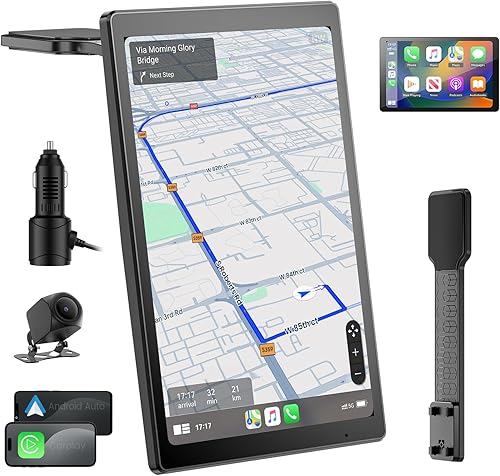 Pantalla inalámbrica Apple CarPlay de 8 pulgadas para automóvil con Android Auto y cámara de respaldo 1080P, pantalla táctil giratoria para