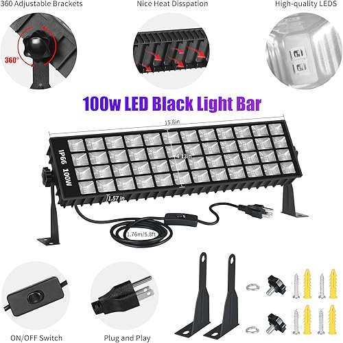 Miniatura 4 de SHGPODA Paquete de 2 barras de luz LED negras de 100 W, área de luz de 40 x 40 pies, 105 LED de luz negra con cable de alimentación de 5 pies,