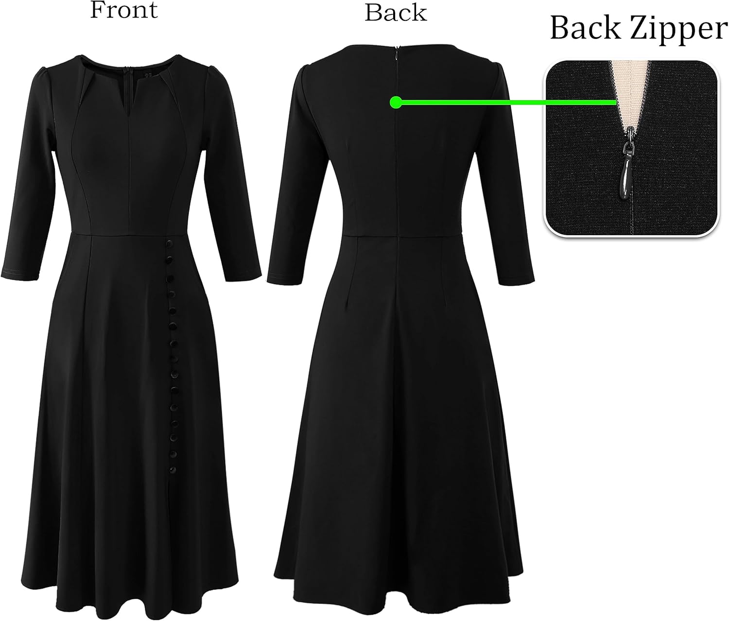 VFSHOW Womens Pleated Notch V Neck Front Slit Buttons Pockets Office Business Work Slim A-line Fit and Flare Midi Dress - Image 4