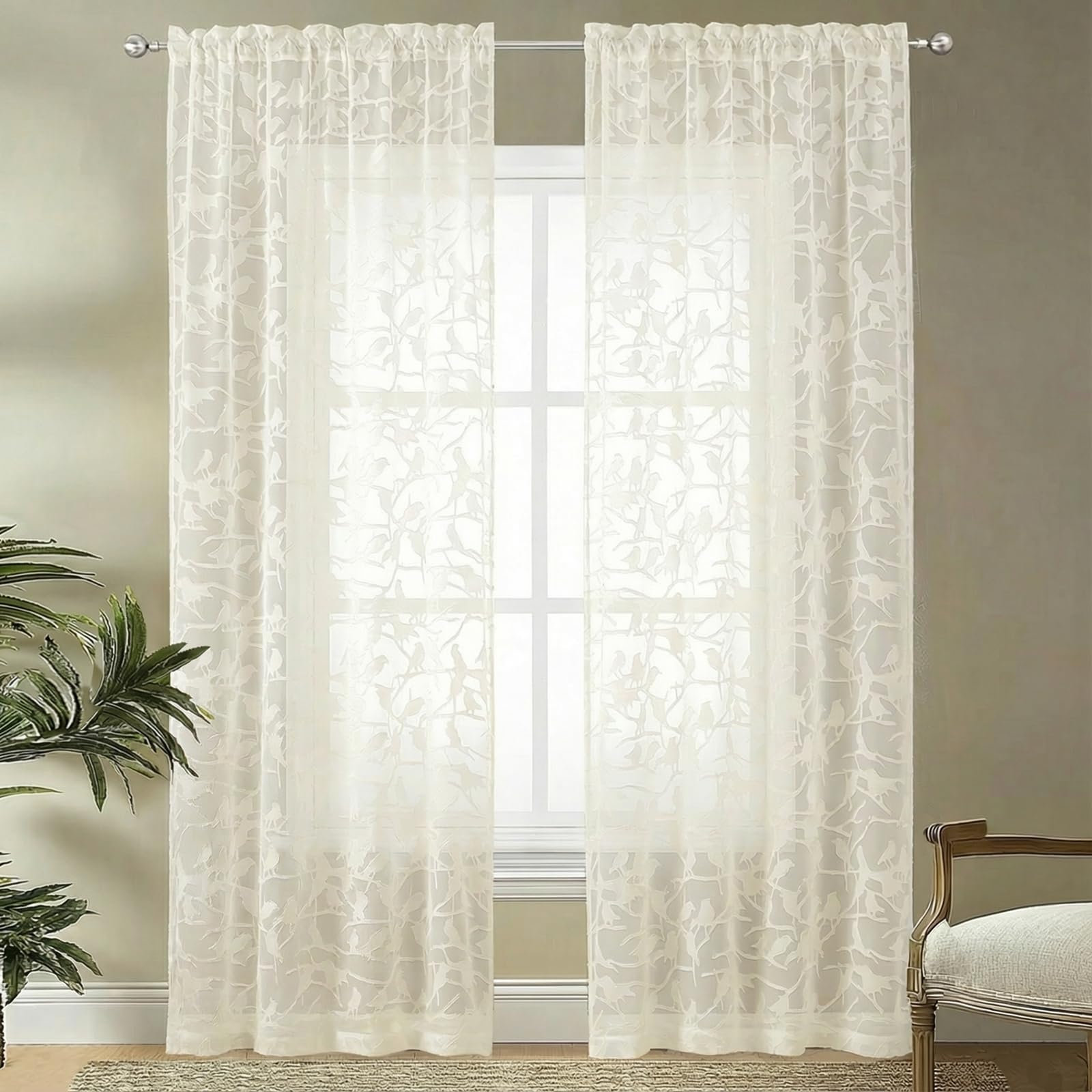 OVZME Extra Long Ivory Sheer Curtains 96 Inches Long 2 Panels Set, Elegant Soft Airy Voile Semi Sheer Curtains for Living Room, Textured Leaf Bird Jacquard Window Drapes for Sliding Door, 2x42Wx96L — image 1