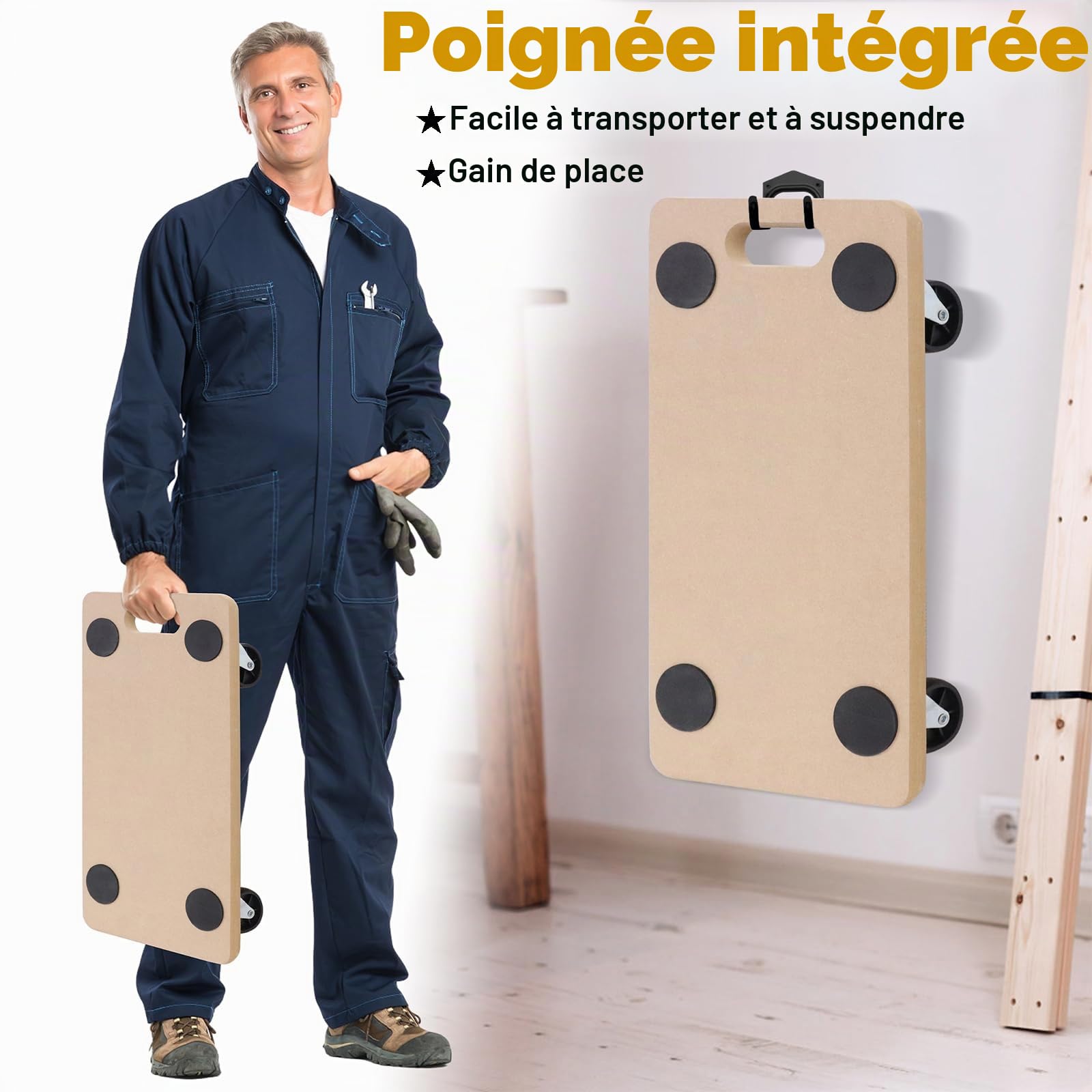 UISEBRT Lot de 4 roulettes de transport 580 x 290 x 108 mm - Planche à roulettes - En panneau MDF - Aide au transport de meubles - Charge maximale : 200 kg