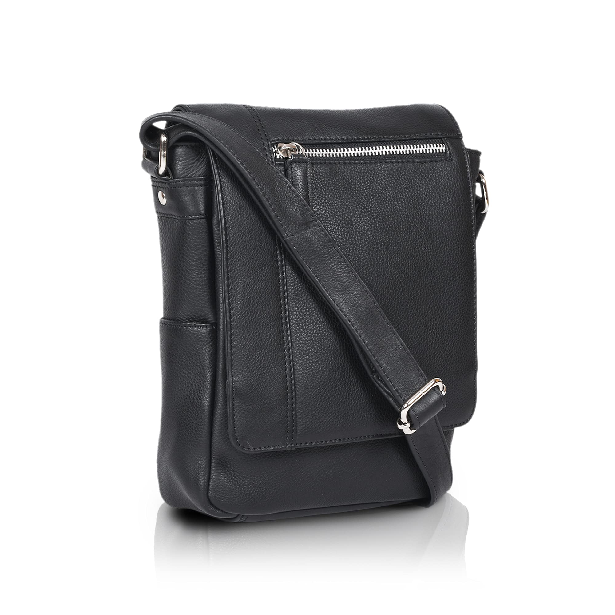 VALENCHI- Genuine Leather Medium Size Crossbody Shoulder bag for Men Women Black Smooth
