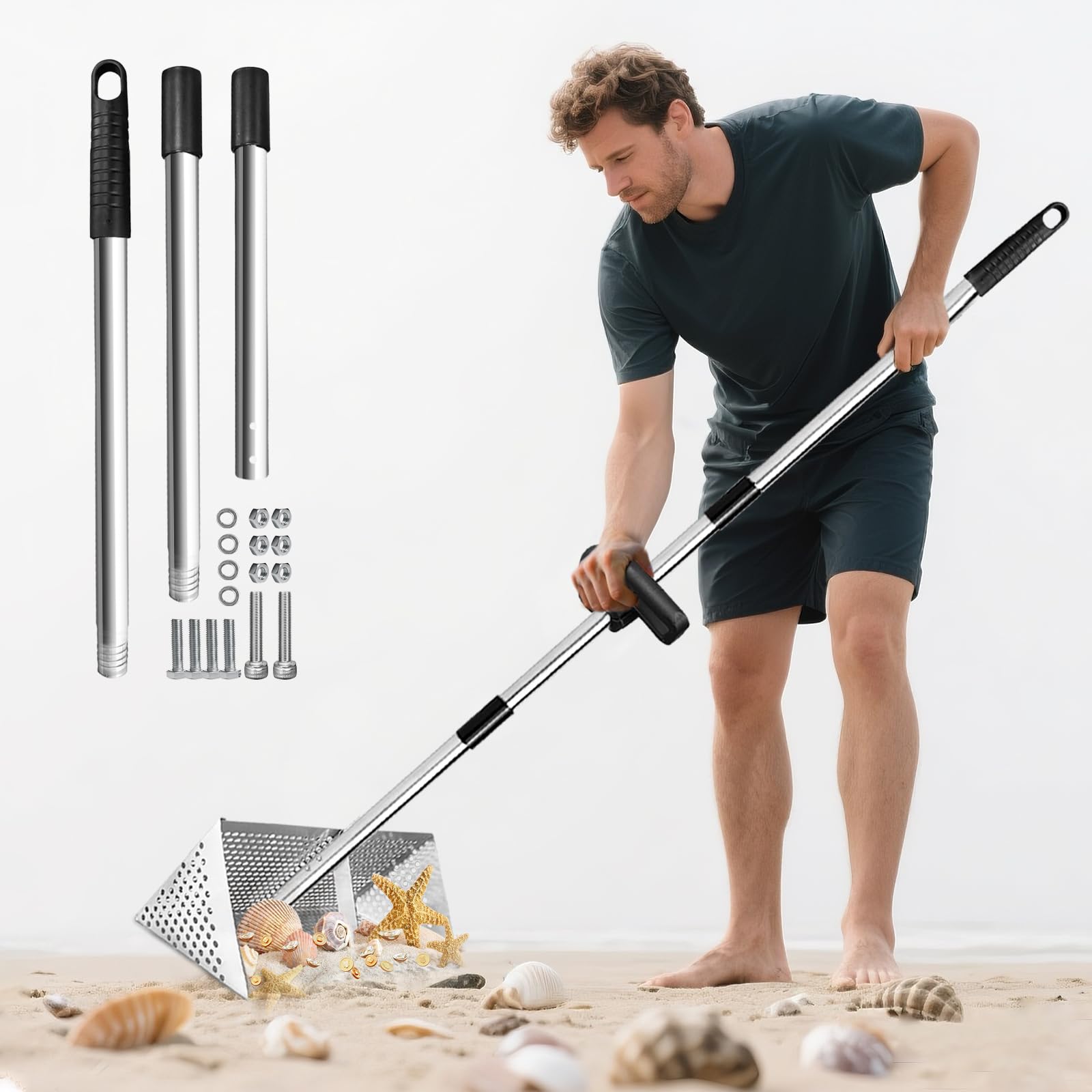 Rastrello per pulci da spiaggia – Setaccio per sabbia rimovibile con manico lungo 119,4 cm, in acciaio inox, resistente paletta per sabbia con cestino largo 40,6 cm, strumento di rilevamento dei