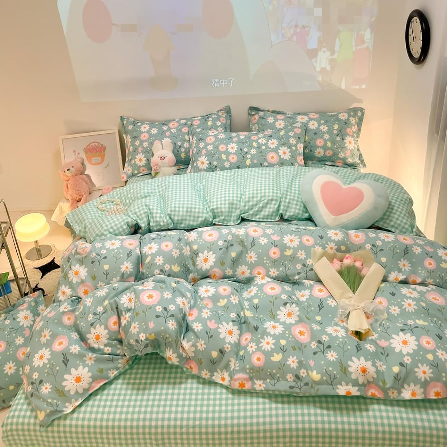 3 Pcs Kids Sage Green Daisy Floral Reversible Duvet Cover Set Queen